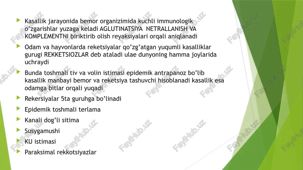 avir ichida bemor qoni bilan bitning ovqat hazim qilish yo’liga tushadi reketsiyalar epiteliy hujayralari yorilib reketsiyalar bitning najizi bilan tashqariga chiqadi va qaysi odamning organizimida parazitlik qilayotgan o’lsa o’sha organizinmi terisi va ichki kiyimlarni ifloslaydi zazarlangan bit o’zida reketsiyaning o’zida hayotining ohirigacha o’z ichida saqlaydi bitning hayot favolyati 40-50 kun bo’lgani uchun nazariy jihatdan bit odam uchun zararli davri 30-40 kunga to’g’ri keladi amalda bu davir qisqa bo’lib bitning o’zi rekkersioz infeksiyadan 7-8 kundan so’ng halok bo’ladi patagenezi; provachek reketsiya bilan zarazlangan bit sog;lom odam terisiga o’z najazi bilan ko’p miqdorda qo’zg’atuvchilar ajraladi bit chaqqan joy qichishdi odam qichishganda u yera bitlar ajratgan reketsiya aralash ahlat kiradi odam qonida odam organizimga tarqatadi qonda qo’zg’atuvchisining bir qismi zararli moddalar endo tiksin ajratadi u organizimga zazarlovchi tasir ko’rsatadi qolgan qismida mayda kapillaryarning endoteliy qavatida ham ko’payadi va o’ziga hos gistalagik o’zgarishlarga olib keladi toshmali terlama mayda qon tomirlar orqali atrofida ( mufta) …