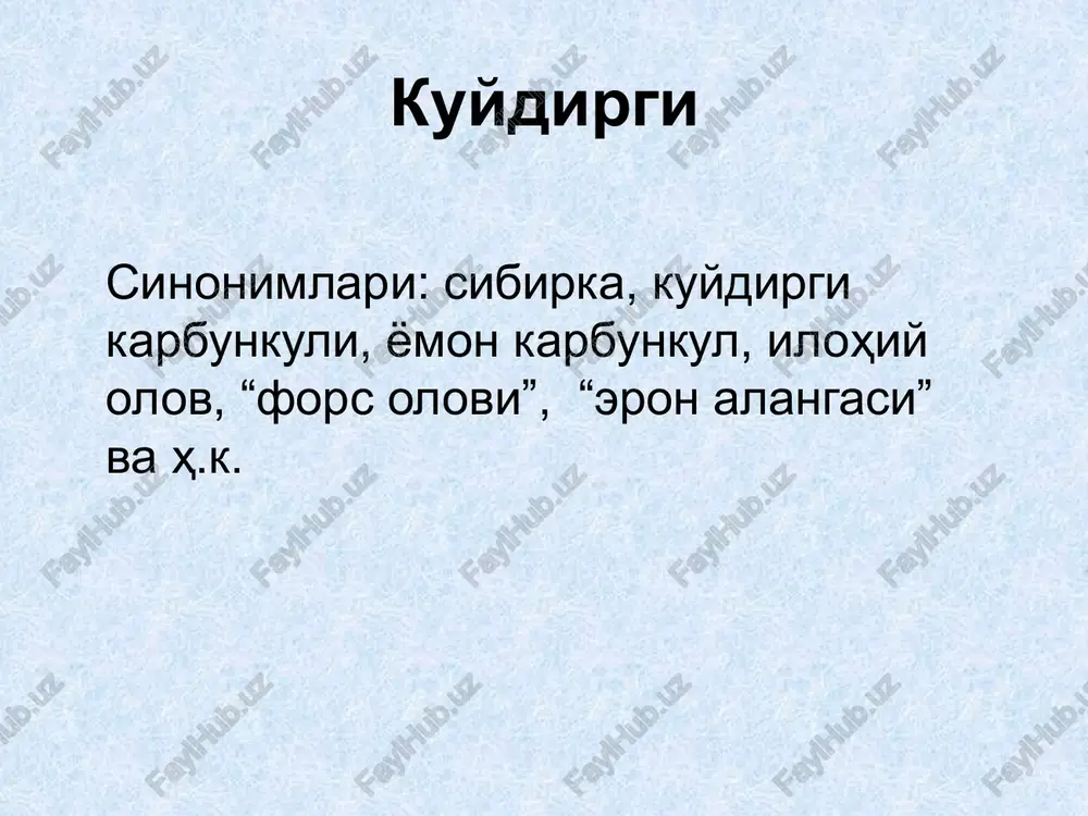i, tez orada tirishish alomatlari yuz berib, yurak faoliyati susayadi, hayvon nobud bo'ladi. yirik shoxli hayvonlarda kasallik yarim o'tkir turda kechganida hayvonning tana harorati ko'tariladi (40-45 gradusgacha), eti uvishib mushaklari qisqaradi, tomir urishi tezlashadi, nafas olishi qiyinlashadi. ovqat emay qo'yadi, nafas olishi yanada tezlashadi, hiqildog'i shishadi, nafas olganda shovqin paydo bo'ladi. qorni shishadi, ichakdan qon aralash suyuqlik ajralib chiqadi, siydik bilan qon ketadi, natijada hayvon tezda nobud bo'ladi. sigirlarning sut berishi kamayadi, suti sarg'ish qon tusli bo'lib, mazasi taxir bo'ladi. mayda shoxli hayvonlarda kasallik yashin tezligida o'tadi va hayvonlarning to'satdan nobud bo'lishi bilan tugaydi. ularning ichki a'zolarida gemorragik shishlar paydo bo'ladi. otlarda kuydirgi asosan ichak va teri shaklida bo'lib, infiltratlar chuqur joylashadi, ular gangrena va parchalanish bilan tugaydi. kasallik 8-36 soat, ba'zan esa 3-6 kun davom etadi. cho'chqalarda esa kasallik mahalliy uzgarishlar bilan kechadi: bo'yin, ko'krak qafasi shishadi, nafas olishi qiyinlashadi, qusish, yo'talish, xirillash alomatlari paydo bo'ladi. burun va og'iz …
