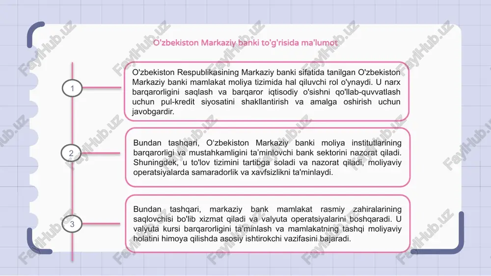 iladi va isteʼmolchilar manfaatlarini himoya qilish boʻyicha ish olib boradi. uning sa'y-harakatlari o'zbekistonning umumiy moliyaviy farovonligini ta'minlashda muhim ahamiyatga ega. markaziy bankning valyutani tartibga solishdagi roli o'zbekiston markaziy banki turli chora-tadbirlar va siyosatlar orqali valyutani tartibga solishda hal qiluvchi rol o'ynaydi. u mamlakat valyutasini barqarorlashtirish va sog‘lom moliyaviy tizimni ta’minlash uchun mas’uldir. markaziy bankning asosiy vazifalaridan biri milliy valyuta – o‘zbek so‘mining barqarorligini qo‘llab-quvvatlash maqsadida valyuta zaxiralarini boshqarishdir. bundan tashqari, foiz stavkalarini belgilaydi va haddan tashqari o'zgaruvchanlikning oldini olish uchun valyuta bozorini kuzatib boradi. bundan tashqari, o‘zbekiston markaziy banki moliya institutlarining normativ hujjatlarga rioya etilishini ta’minlash va bank sektorining umumiy barqarorligini ta’minlash maqsadida nazoratni amalga oshiradi. uning sa'y-harakatlari mamlakatda iqtisodiy o'sish va moliyaviy barqarorlikni ta'minlashda muhim ahamiyatga ega. 1 2 3 markaziy bankning foiz stavkalariga ta'siri o‘zbekiston markaziy banki mamlakatda foiz stavkalarini tartibga solishda hal qiluvchi rol o‘ynaydi. foiz stavkalarini o'zgartirish orqali markaziy bank qarz olish va kreditlash faoliyatiga ta'sir …