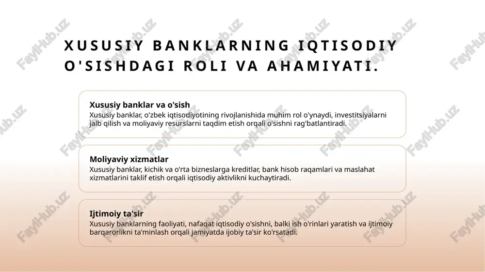 ahsulotlar va xizmatlarni ishlab chiqishda innovatsiyalarni rivojlantiradi, iqtisodiy faollikni oshiradi. 4 ijtimoiy ta'sir o'zbekistonda xususiy banklar, jamiyatda moliyaviy inklyuziya va ijtimoiy mas'uliyatni oshirishda muhim rol o'ynaydi, iqtisodiy farovonlikni ta'minlaydi. korporativ banklarning iqtisodiy o'sishga ta'siri va imkoniyatlari. korporativ banklar iqtisodiy o'sishga sezilarli ta'sir ko'rsatadi. ular tadbirkorlik faoliyatini moliyalashtirib, investitsiyalarni rag'batlantiradi va ish o'rinlarini yaratadi. shuningdek, korporativ banklar innovatsion loyihalarni qo'llab-quvvatlash orqali iqtisodiyotning diversifikatsiyasiga hissa qo'shadi. photo by eduardo soares on unsplash xususiy va korporativ banklar: iqtisodiy barqarorlik va rivojlanish. xususiy banklar xususiy banklar, mijozlarga shaxsiy moliyaviy xizmatlar taqdim etadi, bu esa iqtisodiy barqarorlikni ta'minlashda muhim rol o'ynaydi. korporativ banklar korporativ banklar, korxonalar va tashkilotlarga xizmat ko'rsatib, investitsiya va moliyalashtirish uchun zarur bo'lgan mablag'larni taqdim etadi. iqtisodiy o'sish xususiy va korporativ banklar, iqtisodiy o'sishni rag'batlantirish uchun kreditlar va investitsiyalar orqali yangi ish o'rinlarini yaratadi. barqarorlik uchun rol iqtisodiy barqarorlikni ta'minlashda, banklar moliyaviy resurslarni samarali taqsimlash va risklarni boshqarishda muhim ahamiyatga ega. o'zbekistonda …