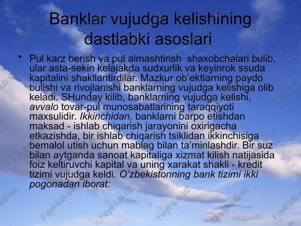 z oluvchi davlat yoki maxalliy xokimiyat tashqilotlari xisoblanadi. ular kimmatli qogozlar bozorida moliya-kredit tashqilotlari orkali zayomlar chikarib, pul mablaglarini tuplashni bajaradi, safarbar kiladi. banklarning iqtisodiyotni boshkarishdagi roli. markaziy bank boshka tijorat banklarga ssudalar beradi. markaziy bank juda past darajadagi foizlarda banklarga ssudalar beradi. bu banklardagi rezerv pullarning mikdorini kupaytirib yuboradi. pul-kredit tizimida va mamlakat pul mikdori xajmida kupayish vujudga kelib, foiz stavkalari pasayadi, investitsiya xajmi usadi. markaziy bank pul taklifini bajaradi. davlat markaziy bank bilan pul-kredit tizimidagi rezervlar mikdorini uzgartirish bilan xam pulning taklif va talabiga ta’sir etadi. rezervlar mikdori usishi pul taklifini kiskartiradi, aksincha, banklarning rezervlardagi pul mikdorini kamaytirish siyosati pul taklifining usishiga sabab buladi. shunday kilib, xar bir davlat turli yullar bilan uzining ichki va tashqi siyosatida pul-kredit tizimiga ta’sir etib, yoki boshka tadbirlar bilan milliy valyuta barkarorligini ta’minlashga xarakat kiladi. o’zbekiston xukumati milliy valyutani mustaxkamlash uchun turtta aloxida dasturlar tuplamini ishlab chikdi va uni amalga oshirish uchun …