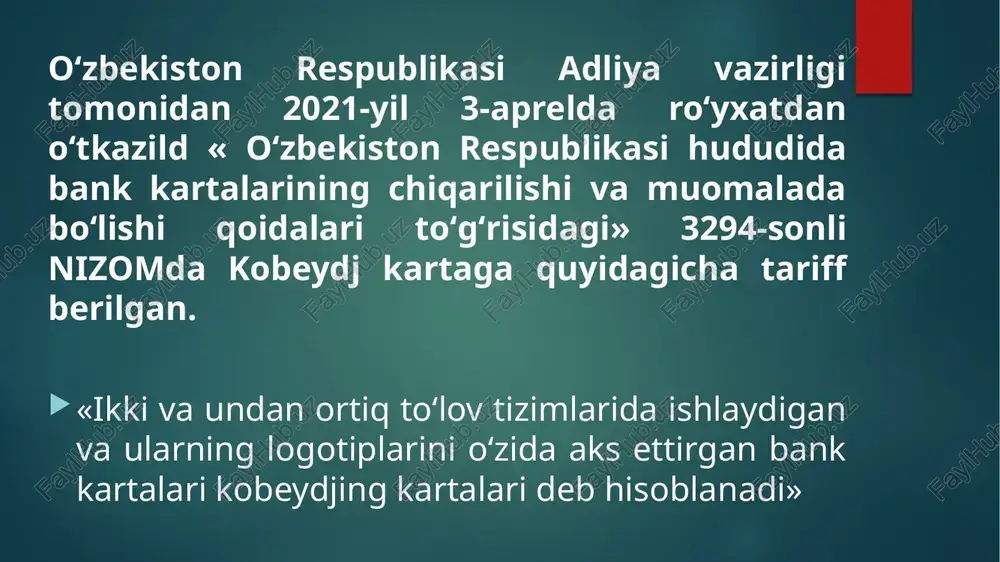 a xavfsizlikni ta'minlash uchun quyidagi qoidalarga rioya qiling: 1. kartangiz suratini internet tarmoqlarida joylashtirmang va messendjerlar orqali hech kimga yubormang! (hattoki yaqin do‘stlaringizga ham, chunki sizning akkauntingiz begonalar tomonidan buzib kirilishi mumkin); 2. internetda hech kimga shaxsiy ma'lumotlaringizni, kobeydjing kartasi pin-kodini, kartangizdagi operatsiyalar tarixini va ayniqsa, cvc va cvv kodlarni oshkor qilmang; 3. noma'lum manbalardan olingan dasturlarni komp'yuteringizga va mobil telefoningizga o‘rnatmang; kobeydjing kartalaridan foydalangan holda onlayn xaridlarni amalga oshirishda xavfsizlikni ta'minlash uchun quyidagi qoidalarga rioya qiling: 4. faqat taniqli va ishonchli onlayn-do‘konlarning va xizmat ko‘rsatuvchi tashkilotlarning veb-saytlaridan foydalaning; 5. faqat o‘z komp'yuteringizdan xaridlarni amalga oshirishga harakat qiling. agar boshqa birovning komp'yuteridan foydalansangiz, operatsiyani tugatgandan so‘ng, shaxsiy va boshqa ma'lumotlaringizni komp'yuterdan o‘chirganingizga ishonch hosil qiling. o’zbekiston respublikasi tijorat banklari jumladan chet el kapitali ishtirokidagi «hamkoorbank» tomonidan 2017 yildan boshlab kobeydjing bank kartalarini muomalaga chiqarila boshlangan. hozirgi vaqtda o‘zbekistonda tijorat banklari orqali “uzcard-mir”, “uzcard-unionpay”, “uzcard-mastercard”, “humo-visa”, “humo-mastercard” kobeydjing kartalarini ochish va …