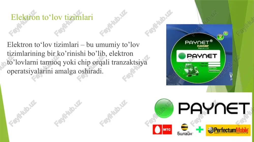 iyaliklardir. o’zbekistonda ham mazkur to’lov tarmog’i oxirgi 2 yil ichida keng ishlatila boshlandi va hattoki, uning wmz-belgilarini milliy valyuta – so’mga almashtiradigan saytlar paydo bo’ldi. elektron pullar rossiyada ommabop bo’lgan to’lov tizimlaridan yana boshqalari yandeks.dengi va qiwi-kosheleklardir. tadqiqotlarga ko’ra 12 millionga yaqin rossiyaliklar “yandeks.dengi”, 13 millionlan ortig’i “qiwi koshelek” akkaunt (hisob-raqam)lariga ega. bu elektron to’lov tizimlarni boshqacha qilib fiatsiz elektron pullar deb ham atashadi. bular qatoriga yana quyidagi tizimlarni kiritish mumkin: easypay okpay rbk money dengi@mail.ru (qiwi- 100% sotib olgan) elektron pullar kripto valyutalar bitcoin litecoin eleksnet payqr perfect money paypal moneybookers va boshqalar. elektron pullar shular ichidan dunyo miqyosida amal qiladigan, hammabop tizimlardan okpay va perfect money larni alohida ajratish mumkin. birinchidan, bu ikkala tizimdagi elektron pullarning himoyalik (xavfsizlik) darajasi o’ta yuqori bo’lib, verifikatsiya (shaxsni to’liq tasdiqlash) operatsiyalarini amalga oshirgandan keyingina kerakli darajaga erishish mumkin. ikkinchidan, xalqaro tranzaktsiyalar tezkorlik bilan, minimal foizlarda amalga oshiriladi. mamlakatimizda ham elektron to’lov tizimini …