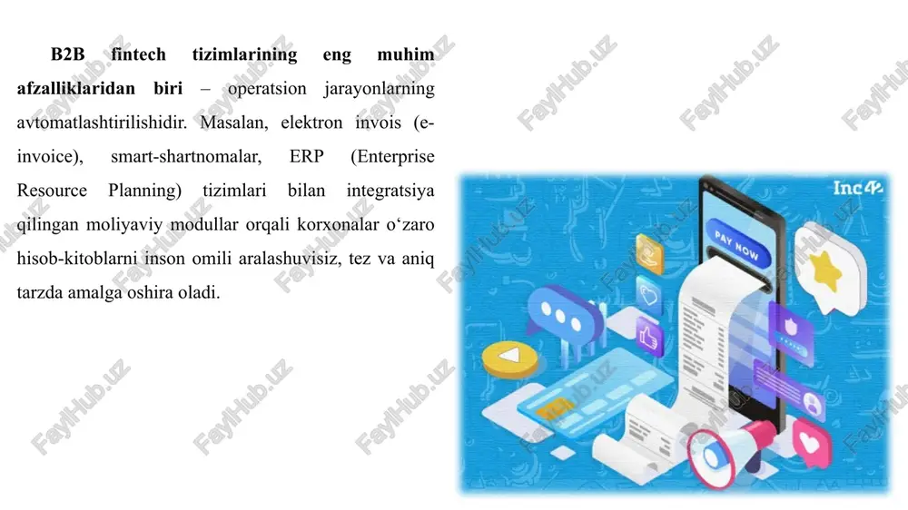 integratsiya turli valyutalar va xalqaro hamkorlik uchun imkoniyat yaratadi. eksport-import kompaniyalari tezkor va xavfsiz hisob-kitoblarni amalga oshira oladi. 5.2. regtech b2b fintech tizimlarining rivojlanishi bilan bir qatorda, ularni tartibga solish va xavfsizlikni ta’minlash masalasi ham dolzarb bo‘lib bormoqda. an’anaviy tartibga solish mexanizmlari ko‘pincha qog‘ozbozlik, inson omili sababli xatoliklar va ortiqcha xarajatlarni keltirib chiqaradi. shu nuqtai nazardan, so‘nggi yillarda regtech (regulatory technology) tushunchasi keng qo‘llanila boshlandi. regtech — bu raqamli texnologiyalar yordamida moliyaviy muassasalar, korxonalar va boshqa tashkilotlarning turli qonun-qoidalar, me’yoriy talablar va xavfsizlik standartlariga rioya qilishini yengillashtiradigan texnologik yechimlar majmuasidir. ularning asosiy vazifasi murakkab tartibga solish jarayonlarini avtomatlashtirish, huquqiy xatarlarni kamaytirish va operatsion samaradorlikni oshirishdan iboratdir. yo‘nalish asosiy vazifa amaliy ahamiyati kyc (know your customer) mijozlarni identifikatsiya qilish, hujjatlarni onlayn tekshirish firibgarlikning oldini olish, mijozlarning ishonchliligini oshirish aml (anti-money laundering) tranzaksiyalarni kuzatish, shubhali operatsiyalarni aniqlash pul yuvish va terrorizmni moliyalashtirishga qarshi kurash risklarni boshqarish ai va big data yordamida xavflarni …