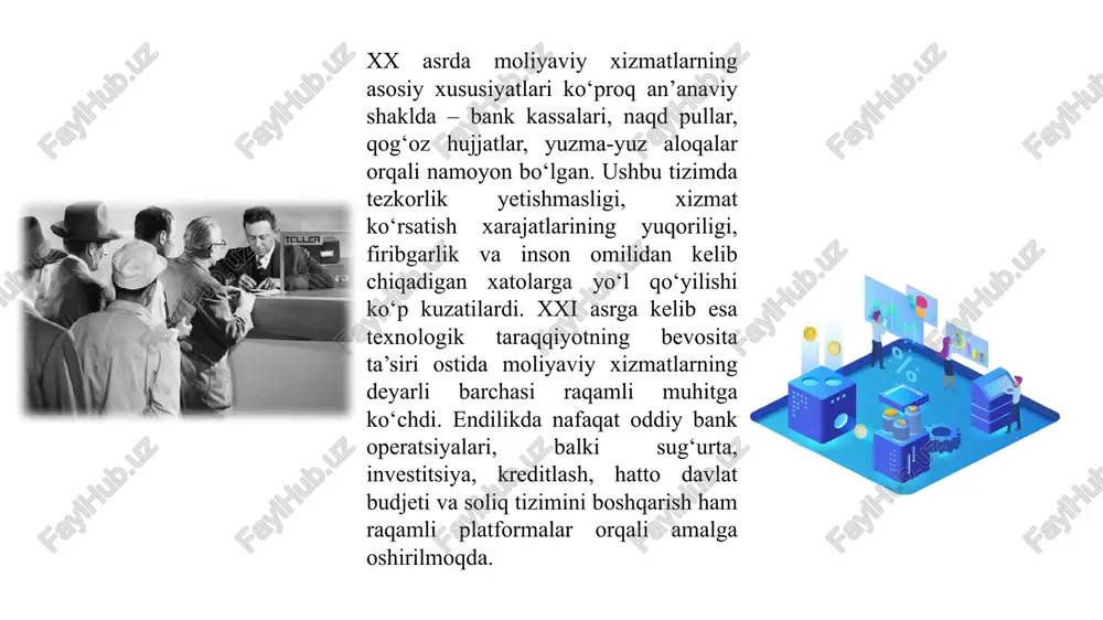 rgatish 1.2. “raqamli moliya” tushunchasi. “raqamli moliya” tushunchasi keng qamrovli bo‘lib, u moliya sohasidagi barcha jarayon va xizmatlarning raqamli texnologiyalar asosida tashkil etilishini anglatadi. an’anaviy moliyaviy tizimda to‘lovlar ko‘proq naqd pul orqali, investitsiyalar qog‘oz shaklidagi qimmatli qog‘ozlar orqali, sug‘urta va kreditlash esa qog‘oz hujjatlar asosida amalga oshirilgan bo‘lsa, raqamli moliya bularning barchasini tezkor, qulay, shaffof va xavfsiz mexanizmlar bilan almashtirdi. bugungi kunda mijozlar mobil telefon orqali bir necha soniyada to‘lovni amalga oshira oladi, internet orqali xalqaro pul o‘tkazmalarini bajarish mumkin, blokcheyn texnologiyasi yordamida esa tranzaksiyalarni o‘zgartirib bo‘lmas tarzda shaffof qayd etish imkoniyati yaratilmoqda. raqamli moliya nafaqat bank xizmatlarini, balki sug‘urta, investitsiya, xalqaro savdo, davlat moliyasi, elektron soliq tizimlari va hatto xususiy kapitalni boshqarishni ham qamrab oladi. bu tushuncha o‘z ichiga fintech startaplari, elektron hamyonlar, raqamli obligatsiyalar, onlayn kreditlash platformalari, sun’iy intellekt asosida ishlovchi moliyaviy maslahat xizmatlari, markaziy banklarning raqamli valyutalari (cbdc), kriptovalyuta bozorlarini, shuningdek, “raqamli ekotizim” sifatida shakllanayotgan super-ilovalarni (masalan, …