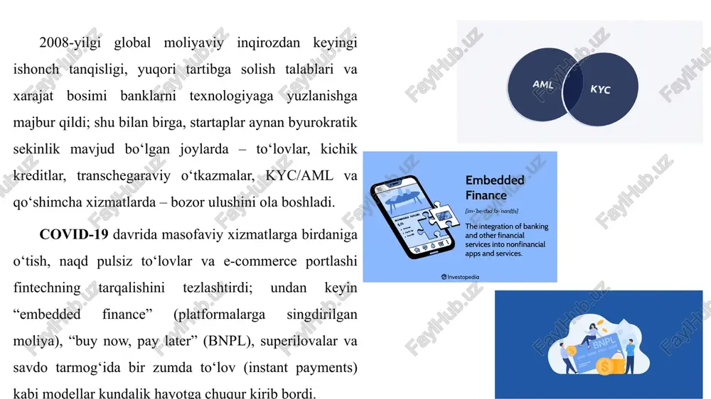 urakkab hujjatlar va yuqori komissiyalar ko‘plab mijozlarni qoniqtirmas edi. fintech platformalari bu jarayonlarni soddalashtirib, tezkor raqamli identifikatsiya, bir necha daqiqada hisob ochish va past to‘lovlar orqali foydalanuvchilarni jalb qilmoqda. to‘rtinchidan, covid-19 pandemiyasi fintech o‘sishining katalizatori bo‘ldi. karantin cheklovlari davrida onlayn to‘lovlar, masofaviy banking va raqamli kreditlashga talab keskin oshdi. natijada, naqd pulsiz iqtisodiyot rivojlandi, e-commerce hajmi ko‘paydi va aholining keng qatlami raqamli moliya xizmatlariga o‘tdi. beshinchidan, davlat qo‘llovi va tartibga solish ham fintech ekotizimini rivojlantiruvchi muhim omil hisoblanadi. ko‘plab mamlakatlarda hukumatlar fintechni raqamli iqtisodiyotning ustuvor yo‘nalishi sifatida ko‘rib, huquqiy baza yaratmoqda. “regulatory sandbox”lar, ochiq banking (open banking) tashabbuslari, raqamli identifikatsiya tizimlari va elektron imzo kabi yechimlar startaplar hamda banklar uchun qulay muhitni ta’minlamoqda. 4.2. fintech turlari raqamli to‘lovlar (digital payments) mobil ilovalar, elektron hamyonlar, qr-kodli to‘lov tizimlari va tezkor o‘tkazmalar raqamli banklar (neobanks / digital banks) braziliyada nubank millionlab mijozlarga xizmat ko‘rsatsa, o‘zbekistonda tbc bank uzbekistan kreditlash va qarz berish …