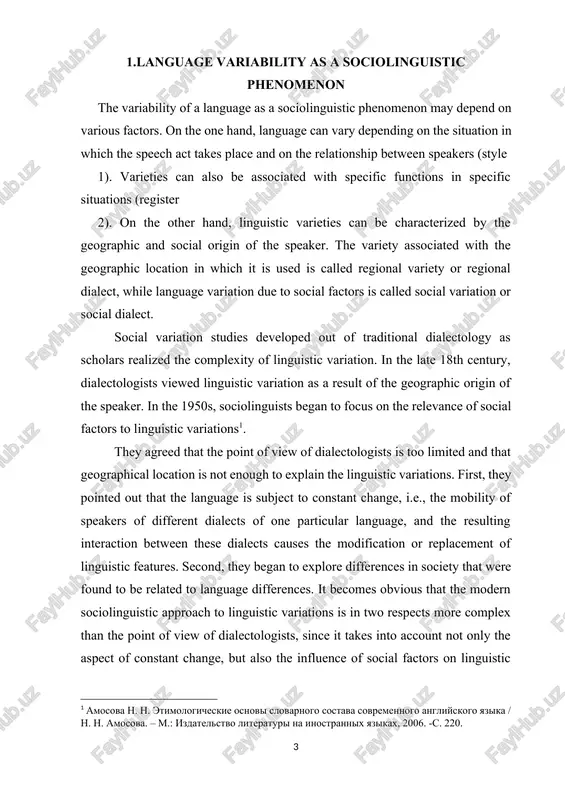 to know who is using the relevant features in which context. he will then prepare a procedure in order to elicit relevant data confirming his hypothesis about the relation between linguistic and social variables in this particular speech community. in the study of language variation linguistic, variables function as scientists´ tools, enabling them to investigate, recognize and analyse particular speech patterns. a variable can be seen as a set of alternative features, called variants, which can be substituted for one another without changing the meaning of the word. it was william labov who introduced this concept to sociolinguistic studies[footnoteref:2]. [2: andrew moore’s teaching resource site [elektronniy resurs].2017, -c.76; ] sociolinguists have also looked at the varying usage of lexical items. investigating the social distribution of certain synonyms, however, is very rare as significant data is most difficult to elicit. lexical variation is rather relevant in investigating different registers. as has …
