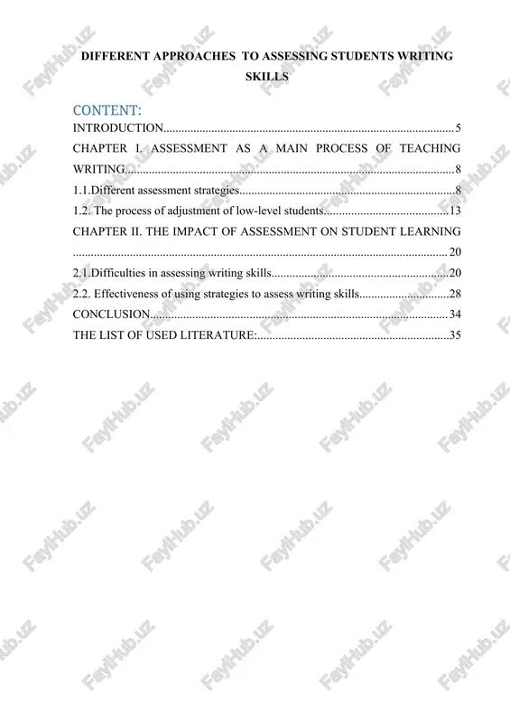 assessment in the process of language teaching and learning is as a subject of the research work. aim of the research – to study the importance of assessment and provide the reader with some suggested lesson plans for the current methods of assessing different level pupils. tasks of the research – in the current research work the following tasks are put forward to reach the main goal: · to identify the notion of assessment types for skills; · to highlight main peculiarities of teaching writing; · to supply with directions to methodology of assessing writing skills; · to emphasize some sort of approaches in assessing writing; · to demonstrate the use of some methods where were included different types of assessment process writing. methods of the research – descriptive method which gives full description of paragraphs, qualitative research which gathered data about lived experiences, remarks, ideas and point of views …