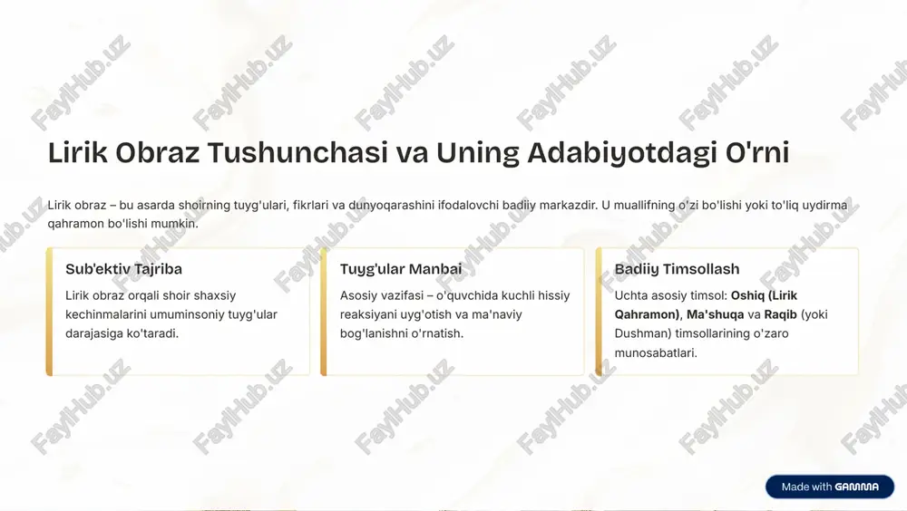 irik qahramonini oddiy sevgi dostonlari qahramonlaridan ajratib turadi. https://gamma.app/?utm_source=made-with-gamma til va uslub: lirik obrazni shakllantirishdagi roli badiiy vositalar nodira o'z lirik obrazini yaratishda mumtoz adabiyotning eng nozik va ta'sirchan vositalaridan unumli foydalangan: tashbeh va istiora: lirik qahramonning go'zallik, iztirob va orzularini ifodalovchi yorqin poetik obrazlar yaratish. majoz va kinoya: ayniqsa, ma'shuqa va raqibga nisbatan qo'llanilgan keskin va zaharxanda iboralar. musiqiylik: g'azallarning ichki ritmi va ohangi lirik qahramonning ruhiy holatini kuchaytiradi. nodira tili nafis, boy va ma'noga to'la bo'lib, lirik qahramonning intellektual va emotsional chuqurligini ochib beradi. https://gamma.app/?utm_source=made-with-gamma nodira g'azallarida lirik obrazning o'ziga xosligi va yangiligi nodiraning lirik obrazi xvi-xix asr o'zbek adabiyoti kontekstida haqiqiy yangilik edi. ayolning o'rni oshiq obrazi ortida ayol shaxsi turganligi bilan ajralib turadi. ijtimoiy ohanglar saroy hayoti va hukmdorlik bilan bog'liq bo'lgan hissiy cheklovlarning aks etishi. an'ana va innovatsiya mumtoz uslublarga rioya qilib, ularga yangi mazmun va shiddat bag'ishlash. ruhiy murakkablik faqatgina go'zallikni emas, balki inson …