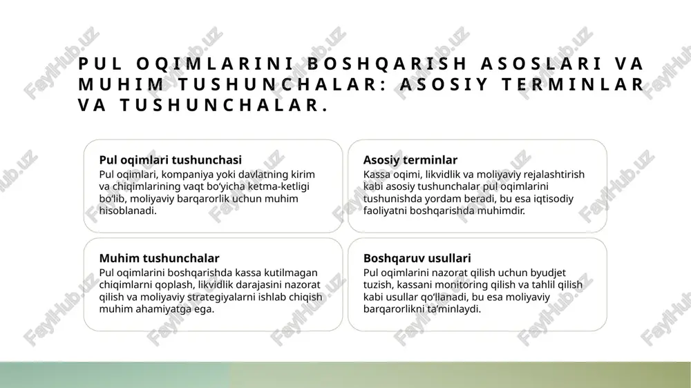 esa moliyaviy barqarorlikni ta'minlashda muhimdir. 2 blokcheyn va avtomatlashtirilgan tizimlar blokcheyn texnologiyasi xavfsiz va shaffaf tranzaktsiyalarni ta'minlaydi, avtomatlashtirilgan to'lovlar va hisob-kitoblarni soddalashtiradi, pul oqimini nazorat qilishda yordam beradi. 3 kiberxavfsizlik va ma'lumotlar xavfsizligi raqamli texnologiyalar bilan bog'liq xavflarni minimallashtirish uchun kuchli kiberxavfsizlik choralari joriy etiladi, bu esa moliyaviy ma'lumotlarning maxfiyligini ta'minlaydi. moliyaviy barqarorlik uchun pul oqimlarini boshqarishning asosiy prinsiplari moliyaviy barqarorlikni ta'minlash likvidlikni boshqarish xarajatlar va daromadlarni muvofiqlashtirish muvofiq pul oqimlarini boshqarish iqtisodiy xavfsizlikni kuchaytiradi, xarajatlarni nazorat qilish va daromadlar bilan muvofiqlikni ta'minlaydi, muhimlik darajasi yuqori. to'g'ri likvidlikni ta'minlash uchun pul oqimini rejalashtirish va muvozanatlash, shuningdek, zaxiralarni optimallashtirish orqali qisqa muddatli moliyaviy muammolar oldini olamiz. xarajatlarni nazorat qilish va daromadlarni oshirish strategiyalari orqali pul oqimini barqarorlashtiramiz, bu esa uzoq muddatli moliyaviy barqarorlikni ta'minlaydi. o‘zbekiston iqtisodiyotida pul oqimlarini nazorat qilish usullari va amaliyotlari bank va kredit tizimlari o‘zbekistonda pul oqimlarini nazorat qilishda banklar va kredit muassasalari muhim rol o‘ynaydi. ular likvidlikni …