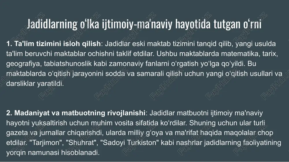 lari ijtimoiy muammolarni yoritishga va xalq orasida axloqiy tarbiya berishga qaratilgan. 4. milliy uyg‘onishga bo‘lgan hissasi: avloniy xalqni milliy ruhda tarbiyalash uchun katta hissa qo‘shgan. u milliy va madaniy qadriyatlarni saqlab qolish va rivojlantirishga chaqirgan, xalq orasida milliy birlik va birdamlikni targ‘ib qilgan. shu bilan birga, jamiyatning ijtimoiy va madaniy jihatdan o‘zgarishiga o‘z hissasini qo‘shgan. munavvarqori abdurashidxonov (1878–1931) – toshkentda tug‘ilgan va jadid maktablarini tashkil etgan muhim figura. u yangi usuldagi o‘quv qo‘llanmalari va darsliklar yaratgan. ta’limni modernizatsiya qilish va milliy uyg‘onishni qo‘llab-quvvatlashda faol ishtirok etgan. mahmudxo‘ja behbudiy (1875–1919) – samarqandlik jadidchilik harakati vakili. "oyna" jurnalini nashr etib, milliy uyg‘onish g‘oyalarini ilgari surgan. yangi usuldagi maktablar ochib, xalqni savodli qilishga katta hissa qo‘shgan. teatr va adabiyotda yangi yo‘nalishlar yaratgan. fitrat (1886–1938) – toshkentda tug‘ilgan adib va siyosatchi. o‘zbek va tojik adabiyotining rivojlanishiga hissa qo‘shgan. uning asarlari milliy va ma'rifiy uyg‘onishni qo‘llab-quvvatlagan. yangi ta’lim tizimi yaratish uchun ko‘plab islohotlarni amalga oshirishga …