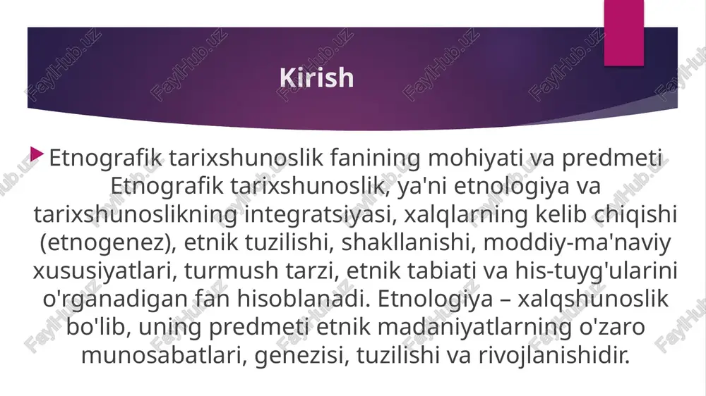 'zbek xalqining etnogenezi mahalliy so'g'diylar, qang'liylar va turkiy qatlamlar, keyin yuechjilar, kushonlar va turk xoqonligi komponentlari orqali shakllangan. etnonim "o'zbek" "o'z-o'ziga bek" ma'nosida yoki o'zbekxon nomi bilan bog'liq. nazariy muammo: etnogenetik jarayonlarning murakkabligi, migratsiyalar va qabilaviy bo'linishlar, tadqiqotlar tavsifiy xarakterda qolishi. tadqiqot uslublari va maxsus atamalar atamalar orasida etnos hududiy-tarixiy birlik, irq tashqi belgilarga asoslangan, moddiy madaniyat arxeologiya bilan bog'liq. ijtimoiy tushunchalar urug', qabila, ekzogamiya, poligamiya, matriarxat-patriarxatni qamrab oladi. uslublar yozma manbalar, dala ishlari (kuzatish, savol-javob), qiyosiy usul. yaqin fanlar etnolingvistika, etnosotsiologiya. yo'nalishlar tarixiy-etnografik o'rganish, etnogenez va madaniy jarayonlar. nazariy muammo: kelib chiqishni aniqlash murakkabligi, milliy xususiyatlar yo'qolishi va salbiy odatlarning saqlanishi. (manba: jahon etnologiyasi asoslari, bet 54-63). etnografik manbalar va ularning tarixshunoslikdagi o'rni tarixiy manbalar shakl va mazmuniga qarab guruhlarga bo'linadi, etnografik manbalar moddiy (ashyoviy), lingvistik va og'zaki manbalar (folklor) bilan birgalikda sanab o'tiladi. etnografik manbalar xalqlarning turmush tarzi va etnik jarayonlarini aks ettiradi, masalan, dala tadqiqotlari statsionar yoki …