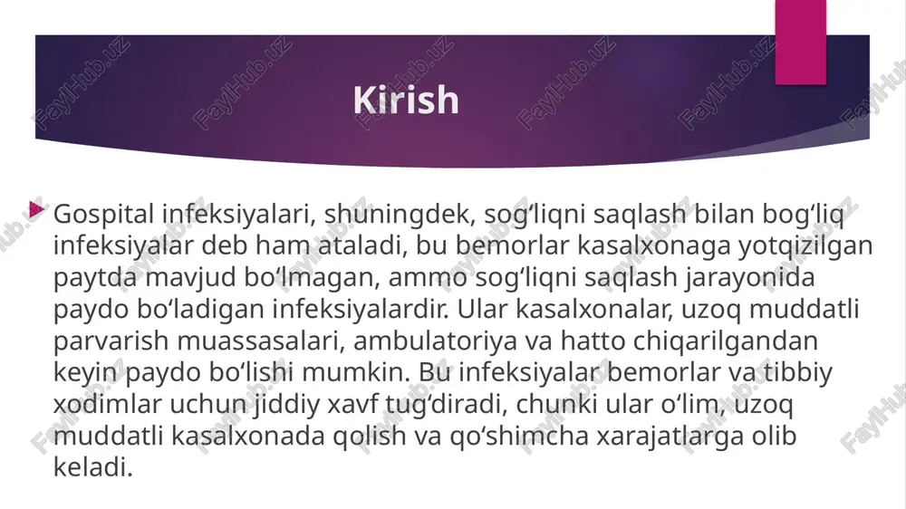 qshlarini va yuqori xavf guruhlarini aniqlaydi. antimikrobiyal boshqaruv: antibiotiklarning to‘g‘ri ishlatilishini ta’minlaydi, chidamlilikni kuzatadi va 50% keraksiz retseptlarni oldini oladi, clostridioides difficile infeksiyalari va chidamlilikni kamaytiradi. epidemiyalar paytida: kontakt kuzatuv, izolyatsiya va atrof-muhit tozaligi. o‘qitish va xatti-harakatlar o‘zgartirish: interaktiv treninglar, simulyatsiyalar va auditlar orqali, qo‘l gigienasi va izolyatsiya protokollariga rioya qilishni oshiradi. italiya misolida, jahon sog‘liqni saqlash tashkilotining sakkizta asosiy komponentlari (dastur, ko‘rsatmalar, o‘qitish, kuzatuv va boshqalar) multimodal strategiyalar orqali infeksiyalarni 70% gacha kamaytirishi mumkin. nazorat qilish usullari xulosa gospital infeksiyalari sog‘liqni saqlash tizimining jiddiy muammosi bo‘lib, ularni yuqish yo‘llarini tushunish, qat’iy oldini olish choralarini qo‘llash va samarali nazorat tizimlarini o‘rnatish orqali nazorat qilish mumkin. qo‘l gigienasi, izolyatsiya va antimikrobiyal boshqaruv kabi asosiy strategiyalar orqali infeksiyalarning ko‘p qismini oldini olish mumkin, bu bemor xavfsizligini oshiradi va xarajatlarni kamaytiradi. image1.jpeg image2.jpeg image3.jpeg image4.jpeg image5.jpeg image6.jpeg image7.jpeg image8.jpeg /docprops/thumbnail.jpeg