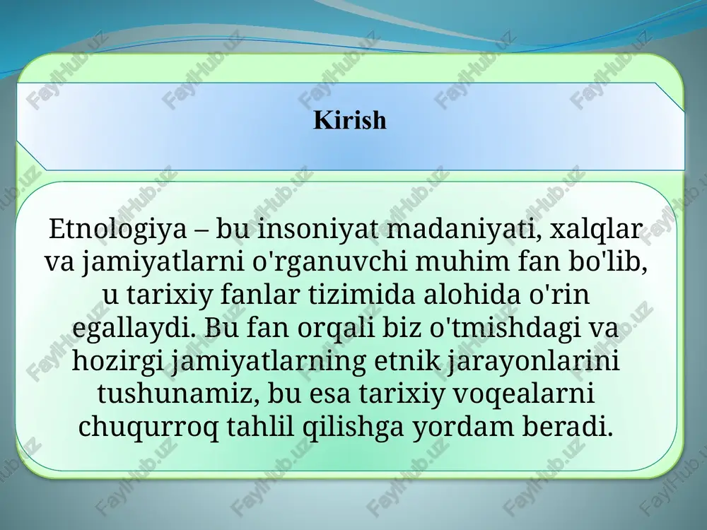 miyatning o'zaro ta'sirini o'rganishda muhim rol o'ynagan. manba: doniyorov a.x., bo'riyev o.b., ashirov a.a. markaziy osiyo xalqlari etnologiyasi. toshkent: “nif msh”, 2020, 70-85-betlar metodlari fanning o'quv-metodik majmuasi etnologiyaning asosiy metodlari – etnologik ma'lumotlarni to'plash, qayta ishlash va tahlil qilish. dala tadqiqotlari orqali antropolog madaniyatga sho'ng'iydi va mahalliy hayotni kuzatadi. taqqosiy metod xalqlarning farq va o'xshashliklarini aniqlaydi. yordamchi metodlar: arxeologik qazishmalar, tilshunoslik tahlili va statistik usullar. o'zbekistonda etnologiya metodlari tarix instituti tomonidan muvofiqlashtiriladi manba: ashirov a. etnologiya. namangan: namdu nashriyoti, 2024, 90-100-betlar o'zbekistondagi etnologiya o'zbekistonda etnologiya antropologiya bilan birgalikda rivojlanmoqda. milliy universitetda antropologiya va etnologiya kafedrasi mavjud bo'lib, u xalqlarning etnologik tavsifini, antropologik klassifikatsiyasini o'rganadi. magistratura dasturlari etnologiyani alohida fan tarmog'i sifatida ko'rib chiqadi, bu xalq va jamiyat rivojiga yordam beradi. muammolar: etnologik ma'lumotlarning yetishmasligi, ammo istiqbollari katta – yangi tadqiqotlar va xalqaro hamkorlik. o'zbekiston fanlar akademiyasi etnologiya bo'limi bu yo'nalishni belgilaydi. manba: ashirov a. etnologiya. namangan: namdu nashriyoti, 2024, 90-100-betlar …