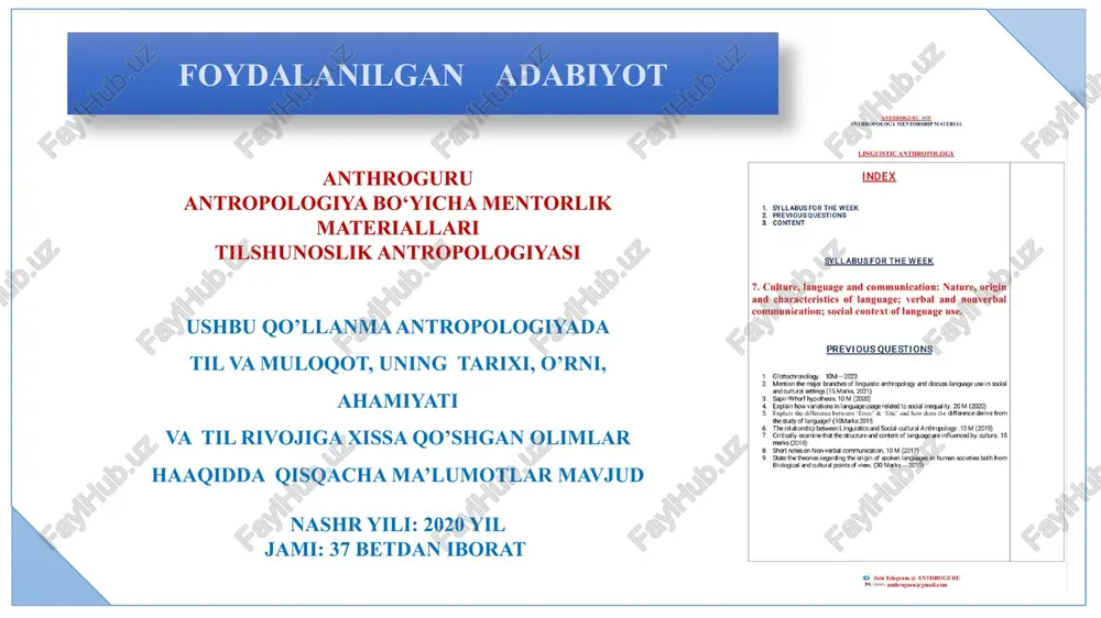-bet zamonaviy tilshunoslik-antropologiya aloqalari bugungi kunda tilshunoslikdan ilhomlangan ikki asosiy antropologik yo‘nalish mavjud struktural antropologiya claude lévi-strauss bilan bog‘liq bo‘lib, madaniyatdagi hodisalarni tahlil qilishda ayrimlik xususiyatlari tizimi asosida ishlaydi antropologiya bo‘yicha mentorlik materiallari tilshunoslik antropologiyasi 9-bet etnoilm (ethnoscience) madaniyat a’zolari o‘z olamini qanday tasniflayotganini aniqlashga qaratilgan va emik-etik farqlari yordamida aniqlik kiritiladi. emik — bu faqat muayyan madaniy tizim ichida farqlanadigan birlikdir etik — bu madaniyatdan mustaqil holda aniqlanadigan birlik antropologiya bo‘yicha mentorlik materiallari tilshunoslik antropologiyasi 9-bet dell hymes va "aloqa antropologiyasi" dell hymes yangi yo‘nalish — "aloqa antropologiyasi"ni taklif qilgan. bu yondashuv tilni foydalanish holatlarida o‘rganishni nazarda tutadi dell hymes antropologiya bo‘yicha mentorlik materiallari tilshunoslik antropologiyasi 11-bet antropologik yondashuvlar tilni o‘rganishda etnografik metod, strukturalizm va post-strukturalizm qo‘llaniladi strukturalizm — bu hodisa, madaniyat, til yoki jamiyatni tuzilma (struktur) asosida tushunishga harakat qiladigan ilmiy yondashuvdir. unga ko‘ra, har qanday hodisani alohida elementlar emas, balki ularning o‘zaro munosabati orqali tahlil qilish kerak. …