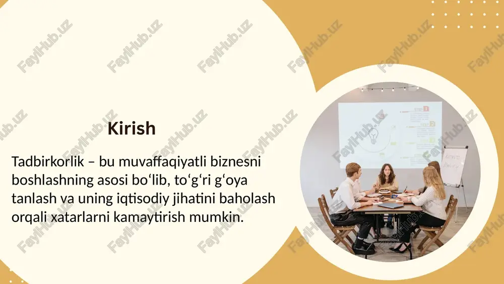 rini aniqlang – oʻz mablagʻlar, investorlar yoki kreditlar. feasibility study loyihaning texnik, yuridik va operatsion jihatlarini ham baholaydi. tadbirkorlik gʻoyasini tanlash va iqtisodiy asoslash – muvaffaqiyatli biznesning poydevori. oʻz qobiliyatlaringizdan boshlab, bozor tadqiqoti va feasibility study orqali gʻoyani baholash orqali xavflarni kamaytirasiz. masalan, koʻplab muvaffaqiyatli kompaniyalar (airbnb yoki uber) shu usullar asosida boshlangan. xulosa 1. blank, s. (2013). *the four steps to the epiphany*. oʻz qobiliyatlarini baholash. 2. ries, e. (2011). *the lean startup*. bozorni tahlil qilish va mvp. 3. porter, m. e. (2008). *competitive strategy*. raqobatni tahlil qilish. 4. harvard business review (2020). *hbr’s 10 must reads on entrepreneurship*. motivatsiya va tajriba. foydalanilgan adabiyotlar roʻyxati eʼtiboringiz uchun rahmat! image1.jpeg image2.png image3.svg image4.png image5.svg image6.png image7.svg image8.png image9.svg image10.jpeg image11.jpeg image12.jpeg image13.jpeg image14.jpeg image15.png image16.svg image17.png image18.svg image19.png image20.svg image21.png image22.svg image23.jpeg image24.jpeg image25.jpeg image26.jpeg image27.jpeg image28.jpeg image29.png image30.svg image31.jpeg /docprops/thumbnail.jpeg