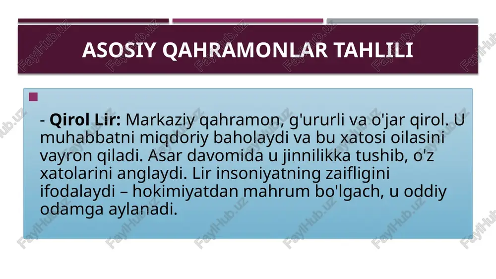 rlarini quvib chiqaradi. lir regan tomon boradi, lekin u ham xuddi shunday munosabatda bo'ladi. qirolning ahvoli og'irlashib, aqli buzila boshlaydi. shu orada, parallel syujetda gloster grafligining o'g'illari – qonuniy o'g'li edgar va noqonuniy o'g'li edmund o'rtasidagi ziddiyat rivojlanadi. edmund otasini aldab, edgarni quvib chiqaradi asar besh parda va bir necha sahnalardan iborat. quyida qisqacha xulosa: to'rtinchi va beshinchi pardalar: lir bo'ronda qolib, jinnilikka tushadi. kent va edgarning yordami bilan omon qoladi. fransiya armiyasi kordeliya boshchiligida britaniyaga bostirib kiradi. jangda lir va kordeliya mag'lub bo'lib, qamoqqa tashlanadi. edmundning buyrug'i bilan kordeliya osiladi. lir qayg'udan o'ladi. yakunda, edgar va albany g'alaba qozonib, adolat o'rnatadi, lekin bu fojia bilan yakunlanadi. xulosa "qirol lir" – bu nafaqat fojia, balki inson hayoti haqidagi falsafiy asar. u bizga g'urur, muhabbat va adolat haqida o'ylashga majbur qiladi. image1.jpeg /docprops/thumbnail.jpeg