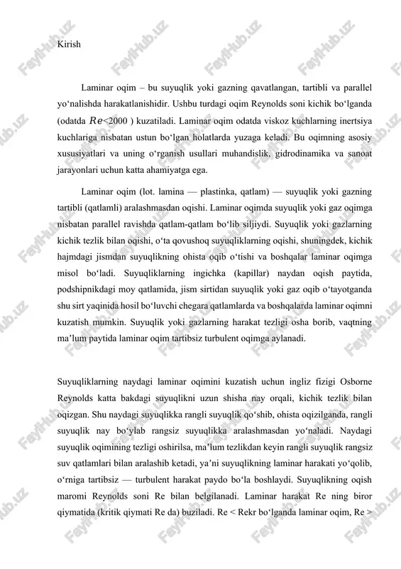hi turli rejimlarga bo'linadi. turbulent va laminar oqim oqim rejimlarining ikkita asosiy sinfidir. laminar oqim nima? suyuqlik zarralari bir-birining yo'llarini kesib o'tmasdan oqsa va zarrachaning tezligi har doim zarracha yo'liga tangensial bo'lsa, oqim oqim deyiladi. oqim oqimi sodir bo'lganda, suyuqlik zarrachalarining qatlamlari boshqalarning harakatini buzmasdan qo'shni zarracha ustida siljishga moyil bo'ladi va bu suyuqlik oqimining qatlamlari yoki qatlamlarida sodir bo'ladi. bunday oqim laminar oqim deb nomlanadi. laminar oqim yoki oqim oqimi suyuqlik tezligi nisbatan past bo'lganda sodir bo'ladi. laminar oqimda statsionar sirt bilan aloqa qiladigan qatlam nol tezlikka ega va sirtga perpendikulyar yo'nalishda qatlamlarning tezligi ortib borishga intiladi. shuningdek, suyuqlikning tezligi, bosimi, zichligi va boshqa dinamik xususiyatlari oqim fazosining har bir nuqtasida o‘zgarishsiz qoladi. reynolds soni suyuqlikning laminar oqimga qanchalik yaxshi o'tishi mumkinligini ko'rsatadi. reynolds soni past bo'lsa, oqim laminar bo'lishga intiladi va yopishqoq kuchlar qatlamlar orasidagi o'zaro ta'sirning dominant shaklidir. reynolds soni yuqori bo'lsa, oqim turbulent bo'ladi va inertial …