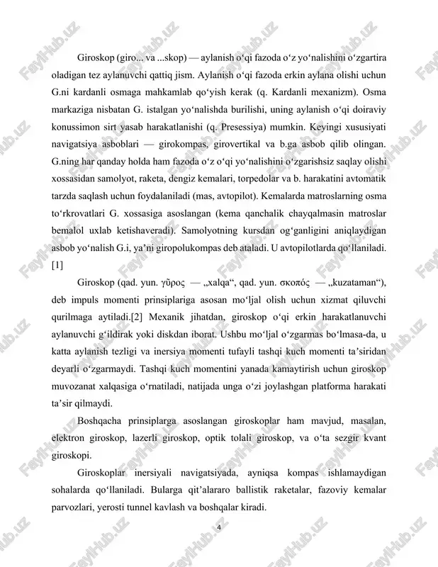 i shunday, rotor o'qining podshipniklari ichki gimbalga o'rnatilgan bo'lib, rotorning aylanish o'qi har doim ichki gimbal o'qiga perpendikulyar bo'ladi. rotor g'ildiragi kirish o'qi (ichki gimbal bilan bog'langan) atrofida, tashqi o'q bilan (tashqi gimbal bilan bog'langan) o'zaro ta'sir kuchiga javob beradi. 3 o'qi perpendikulyar va bu o'zaro o'qli javob giroskopik ta'sirning oddiy mohiyatidir. a gyroskop volan chiqish gimballari erkin yoki sobit konfiguratsiyaga bog'liq bo'lib, chiqish o'qi atrofida aylanadi yoki qarshilik ko'rsatadi. ba'zi erkin chiqadigan gimbal qurilmalarga misol sifatida, kosmik kemada yoki samolyotda yugurish, burilish va yelish burchagini sezish yoki o'lchash uchun ishlatiladigan mos yozuvlar gyroskoplari bo'lishi mumkin. rotorning tortishish markazi sobit holatda bo'lishi mumkin. rotor bir vaqtning o'zida bitta o'qni aylantiradi va boshqa ikkita o'qni tebranishga qodir, shuning uchun rotorning aylanishidan kelib chiqadigan o'ziga xos qarshiligi bundan mustasno, u har qanday yo'nalishda aylanadigan nuqta atrofida erkin aylana oladi. ba'zi giroskoplar bir yoki bir nechta elementlarning o'rnini bosadigan mexanik ekvivalentlarga ega. masalan, …