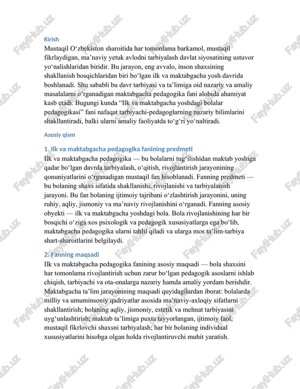n zarur bo‘lgan ma’naviy-axloqiy qadriyatlar, mustaqil fikrlash, ijtimoiy moslashuvchanlik va ijodiy qobiliyatlar shakllanadi. foydalanilgan adabiyotlar ro‘yxati 1. o‘zbekiston respublikasi “ta’lim to‘g‘risida”gi qonuni. – toshkent, 2020. 2. o‘zbekiston respublikasi prezidentining “maktabgacha ta’lim tizimini tubdan takomillashtirish to‘g‘risida”gi pq–2707-son qarori. – toshkent, 2016. 3. “ilk qadam” maktabgacha ta’lim davlat dasturi. – toshkent, 2018. 4. to‘raqulova, m., qodirova, f. maktabgacha pedagogika. – toshkent: tdpu nashriyoti, 2021. 5. g‘anieva, m. ilk va maktabgacha yoshdagi bolalar rivojlanishi nazariyasi va metodikasi. – toshkent, 2020. 6. nurmatova, n. bolalar psixologiyasi. – toshkent, 2019. 7. vygotskiy, l.s. bola psixikasi va rivojlanishining asoslari. – moskva, 1984. 8. maktabgacha ta’lim metodik qo‘llanma. – toshkent: o‘qituvchi, 2022.
