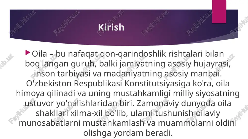 isol: ikkinchi nikohdan oila – yangi er-xotin va har ikkalasining 1–2 farzandi. 4. alternativ oila turlari - yagona ota-ona oilasi: ajralish yoki beva qolgan ota/ona va farzandlar. o'zbekistonda ayollar orasida 15% ga yaqin. afzalligi – mustaqillik, kamchiligi – iqtisodiy qiyinchiliklar. - poligam oila: bir erkakning bir necha xotini (an'anaviy jamiyatlarda). o'zbekistonda qonuniy emas, lekin ba'zi hududlarda uchraydi. - poliamor oila: ko'p sherikli munosabatlar (g'arbda yangi tendensiya). aqsh tadqiqotida 50 ta noyob turdan biri sifatida ko'rsatilgan. asosiy oila turlari va ularning xususiyatlari oila turlarining vazifalari va zamonaviy muammolari har qanday oila turi quyidagi vazifalarni bajaradi: - reproduktiv: farzand ko'rish va tarbiyalash (o'zbekistonda oila siyosati shu yo'nalishda). - iqtisodiy: resurslarni taqsimlash va mehnatga tayyorlash. - ma'naviy: axloqiy qadriyatlarni singdirish, emotsional qo'llab-quvvatlash. - ijtimoiy: jamiyatga integratsiya. zamonaviy muammolar: ajralishlar ortishi (bozor iqtisodiyoti sababli), farzandlar sonining kamayishi, psixologik tayyorgarlik yetishmasligi. o'zbekistonda "zamonaviy oila" dasturi orqali 3 farzandli oilalarni rag'batlantirish olib borilmoqda. xulosa oila turlari …