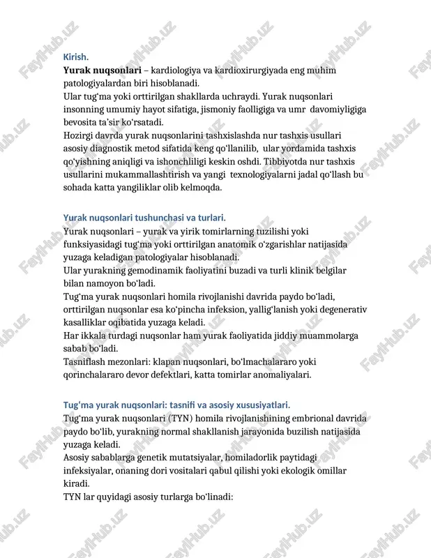 ratlari yuqori aniqlikda tasvir olish imkonini bermoqda. exokardiyografiya (ultratovush) bugungi kunda yurak nuqsonlarida eng ko‘p qo‘llaniladigan usul hisoblanadi. uning yordamida yurak klapanlari faoliyati, qon oqimining yo‘nalishi, intrakardial bosimlar va devorlar harakati baholanadi. doppler-eho yordamida qon oqimining tezligi va regurgitatsiya darajasi aniqlanadi. so‘nggi yillarda 4d exo texnologiyalari ham joriy etilib, yurakni real vaqtda uch o‘lchamli shaklda kuzatish imkonini bermoqda. transtorakal va transezofageal ekokardiyografiya (tte va tee) transtorakal ekokardiyografiya (tte) asosiy vazifalari: intrakardial anatomiyani ko‘rsatish (asd, vsd, klapanlar), shuntlarni baholash, ventrikullar funksiyasi va regurgitatsiyalarni aniqlash. qanday o‘tkaziladi (protokol, amaliy qadamlar): 1. bemor tayyorligi: odatda sedatsiya shart emas; bemordan kiyimni yengil olib tashlash, metall buyumlardan xoli bo‘lish talab etiladi. pediatriyada maxsus kichik probe va isitilgan gel ishlatiladi. 2. pozitsiyalash: standart parasternal long/short axis, apikal 4/2/3 chamber, subkostal va suprasternal ko’rinishlarlar olinadi — pediatrik skriningda subkostal tasvirlar juda muhim. 3. doppler va rangli doppler: oqim yo‘nalishlari va tezliklari, shuntning o‘lchami (masalan, asd/vsd) va regurgitatsiya …