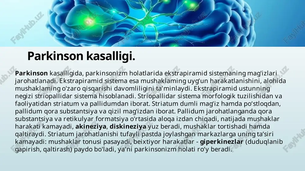 (akineton) 1 tabl. dan kuniga 3 mahal ichishga tavsiya etiladi. markaziy xolinolitiklar parkinsonizmda kuzatiladigan tremorni sezilarli darajada pasaytiradi, biroq mushaklar rigidligiga ta’siri past. antiparkinsonik dorilar ichida eng samaralisi – bular tarkibida levodofa saqlovchi dorilar (nakom, madopar). levodopa dorilari idiopatik parkinsonizmda o‘ta samarali bo‘lib, juda keng qo‘llaniladi. bu dorilar ikkilamchi parkinsonizmda ham bemorlarni davolashda ishlatiladi. dofaminergik ta’sirlarni oshiruvchi moddalar. buning uchun dofaminning o‘zini qo'llash maqsadga muvofiq bo'lar edi, lekin dofamin gematoensefalik to'siqdan o'tolmaydi, parikinsonizmni davolash uchun katexolaminlar biosintezida dofamindan oldin hosil bo'ladigan modda - levodopa qo'llanadi. parkinson kasalligini davolash. 6 antiparkinsonik dorilar dozasi va dori shakli asosiy ta’siri markaziy xolinolitiklar tsiklodol (parkopan) akineton 2 mg; 5 mg 2 mg; 5 mg titroqli turida samarali levodopa dorilari nakom (sinemet) madopar-125 madopar-250 250 mg 125 mg 250 mg rigidli turida samarali mao-b ingibitorlari selegin (yumeks) razagalin (azilekt) 5 mg; 10 mg 1 mg kognitiv buzilishlar va depressiyada samarali amantadinlar pk-merts (amantadin, gabirol) 500 …