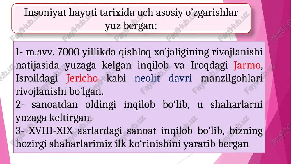 o‘liklar vodiysi) koks ko‘mirini qazib olish asosida vujudga kelib, kon istiqbolsiz bo‘lgani bois tashlab ketilgan chernobil aesi halokati tufayli pripyat shahri, angara daryosi irmog‘i kova rayonidagi bir necha shaharcha kasallik tarqalishi oqibatida aqshda 250 ga yaqin “o‘lik shaharlar” bo‘lib, ularni ba’zan kinematografistlargina filmlarni suratga olish uchun yo‘qlab borishadi shaharlarning genetik tipologiyasi –shaharlarning kelib chiqishi shaharlar turli tabiiy, iqtisodiy, ijtimoiy omillar va shart-sharoitlar ta’sirida vujudga keladi. albatta shaharning shakllanishida yagona bir omil ta’sir etib qolmaydi, biroq u yetakchi bo‘lishi mumkin. shuni hisobga olib, quyidagi genetik tipologiyani tuzish mumkin 1. konlarning o‘zlashtirilishi asosida - gazli, uchquduq, muborak. 2. transport tugunlari yoki temir yo‘l stansiyalarida -yangiyo‘l, turkmanboshi (krasnovodsk), xovos. 3.qo‘riq yerlarning o‘zlashtirilishi asosida - astana (aqmola, selinograd), yangiyer, baxt. 4.qishloq xo‘jalik mahsulotlarini qayta ishlash negizida-piskent, oqqo‘rg‘on, bulung‘ur. 5. gidroenergetik resurslarni o‘zlashtirish asosida - norak, bratsk, chirchiq. 6. rekreatsiya va turizm asosida - chorbog‘, suxumi, kislovodsk 7. ilm-fan asosida - zelenograd, ulug‘bek, obninsk.
