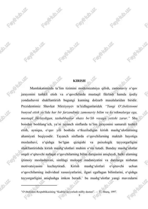 jarayonida kirish mashg‘ulotlarining dolzarbligi shundaki, ular o‘quvchilarning ilgari egallagan bilimlarini qayta faollashtirish, yangi o‘quv yiliga ijobiy ruhda kirishish, o‘qishga bo‘lgan motivatsiyani kuchaytirish va sinfda sog‘lom muhit yaratish imkonini beradi. ayniqsa, tayanch sinf o‘quvchilari uchun bu jarayon psixologik moslashuvning ajralmas qismi hisoblanadi. kurs ishining ahamiyati tayanch sinflarda kirish mashg‘ulotlarini samarali tashkil etish ta’lim jarayonining eng muhim bosqichlaridan biri bo‘lib, o‘quvchilarning yangi o‘quv yiliga, yangi fanlarga va o‘qituvchi shaxsiga moslashuvida hal qiluvchi ahamiyat kasb etadi. aynan shu bosqichda o‘quvchilarda o‘qishga nisbatan ijobiy munosabat, o‘ziga ishonch, sinf jamoasiga kirishish va o‘quv faoliyatiga tayyorgarlik shakllanadi. kirish mashg‘ulotlari nafaqat darsning boshlang‘ich qismi sifatida, balki o‘quvchilarning psixologik, didaktik va tarbiyaviy jihatdan tayyorlanishini ta’minlovchi asosiy pedagogik vosita sifatida xizmat qiladi. bu mashg‘ulotlar o‘qituvchiga o‘quvchilarning mavjud bilim, ko‘nikma va malaka darajasini aniqlash, ularning o‘qishga bo‘lgan motivatsiyasini baholash, individual xususiyatlarini o‘rganish va ta’lim jarayonini shunga mos ravishda rejalashtirish imkonini beradi. kirish mashg‘ulotlari ta’limning diagnostik, motivatsion va adaptatsion funksiyalarini bajaradi. …