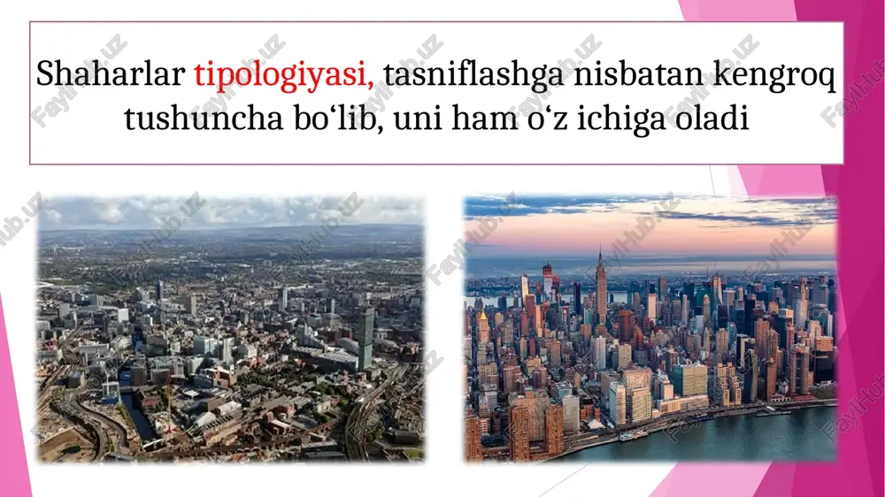 to‘planishi - bu shaharlar gipertrofiyasi deyiladi shaharlar klassifikatsiyasida «birinchi» va «ikkinchi» shahar tushunchalari mavjud, masalan, o‘zbekistonning birinchi shahri uning poytaxti toshkent bo‘lsa, uning ikkinchi darajasidagi shahri samarqanddir (hozirgi kunda bu mavqega namangan da’vogarlik qilmoqda). o‘rta shaharlarga asaka, bekobod, beruni, guliston, denov, zarafshon, kattaqo‘rg‘on, kogon, koson, kosonsoy, parkent, to‘rtko‘l, urgut, xiva, xo‘jayli, chimboy, chortoq, chust, shahrixon,yangiyo‘l kiradi. respublikamizda 18 ta “yuz minglik” marradan oshgan yirik shaharlar bor, unga bekobod da’vogarlik qilmoqda 2009 yil respublikamizdagi aholi soni ko‘p va kelgusida shahar maqomini olish imkoniyatlari katta bo‘lgan 965 ta qishloqlarga shaharcha maqomi berildi. avval shaharchalar 114 ta bo‘lgan bo‘lsa, endilikda esa 1079 tani tashkil etdi.
