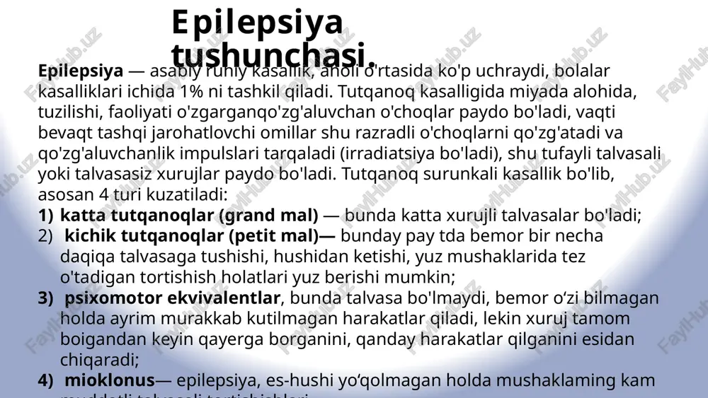 alvasaga qarshi qo'llaniladi va uxlatish xususiyatiga ega. tutqanoq dastlab shu modda bilan davolanadi, asosan katta xurujli tutqanoqni davolashda qo'llaniladi. epileptogen o'choqda talvasaning tarqalishini chegaralaydi. natriy ionlarining neyronlarga o'tishiga to'sqinlik qilib, neyronlar qo'zg'aluvchanligini kamaytiradi. fenobarbital presinaptik tolalarda atsetilxolinning ajralishini kamaytirib, epileptogen o'choqlardan qo'zg'aluvchanlikning tarqalishiga to'sqinlik qiladi, miyada gamk miqdorini oshiradi. fenobarbital qo'llanishining birinchi haftalarida uyquchanlik, mushaklaming bo'shashishi kabi noxush hollar kuzatiladi, keyinchalik bu asoratlar yo'qola boshlaydi. ko'pchilik bemorlar fenobarbital bilan uzoq vaqt davolanishni yaxshi o'tkazadilar, ba’zilarida dennatitlar, terida toshmalar, jigarda, buyrakda o'zgarishlar paydo bo'ladi, gapirish qiyinlashadi. fenobarbital 7 geksamidin - kimyoviy jihatdan fenobarbitalga yaqin, uxlatish xususiyatiga ega emas. organizmda geksamidin metabolizmga uchrab, uning 20 % i fenobarbitalga aylanadi, ana shu fenobarbital geksamidinning tutqanoqqa qarshi ta’sir mexanizmida katta ahamiyatga ega. geksamidin tutqanoqning katta talvasali xurujlarida ta’siri sezilarli bo'ladi, kichik xurujlarda deyarli ta’sir ko‘rsatmaydi, bolalarda kichik talvasali xurujlami tezlashtirib yuboradi. geksamidin unchalik zaharli bo'lmasa ham, bosh og‘rig‘i, ko'ngil aynishi, qusish, ko‘rishning o'zgarishi kabi …