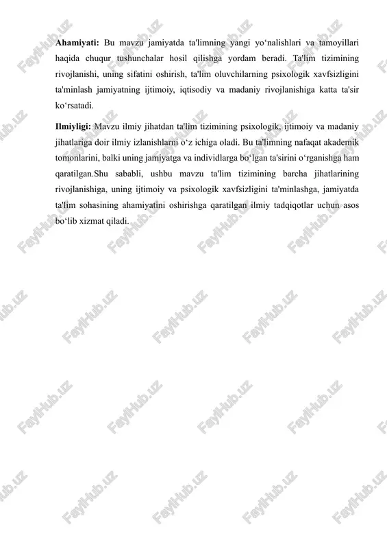 sh va milliy iqtisodiyotni mustahkamlash kabi ko'plab muhim maqsadlarni o'z ichiga oladi. ta'limning umumiy maqsadlari, uning jamiyatdagi rolini va ta'lim tizimining rivojlanish yo'nalishlarini belgilaydi. zamonaviy talablar esa bu maqsadlarni amalga oshirishda ishlatiladigan metodlar, texnologiyalar va pedagogik yondoshuvlar bilan bog'liq.ta'limning umumiy maqsadlari jamiyatning ehtiyojlariga moslashtirilgan va unda nafaqat bilimlarni o'zlashtirish, balki shaxsiy, axloqiy, ijtimoiy va madaniy rivojlanishni ta'minlashni ko'zda tutadi. bu maqsadlar quyidagi asosiy jihatlarni o'z ichiga oladi: 1. bilim va ko'nikmalarni rivojlantirish ta'limning birinchi va asosiy maqsadi — bilim va ko'nikmalarni o'rgatishdir. bu bilimlar o'quvchilarga jamiyatda faol va samarali qatnashish imkonini beradi. bilimlar nafaqat o'qish va yozishni, balki muammolarni hal qilish, fikr yuritish, tahlil qilish va ijodiy yondashuvlarni rivojlantirishni o'z ichiga oladi. zamonaviy ta'lim tizimlarida bilishdan ko'ra ko'nikmalar va qobiliyatlarni rivojlantirishga katta e'tibor beriladi. ta'limda "soft skills" (yumshoq ko'nikmalar) — masalan, muloqot qilish, jamoada ishlash, qarorlar qabul qilish, stressni boshqarish kabi ko'nikmalarni o'rgatish katta ahamiyat kasb etadi. 2. shaxsiy rivojlanish …