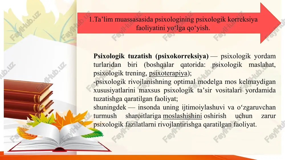 ’lim muassasasidagi psixologik korreksiya faoliyatini samaraliroq tashkil etishda yordam beradi. 10. ma’lumot va maslahat xizmatlari: psixolog, o‘quvchilar, o‘qituvchilar va ota-onalarga kerakli ma’lumotlarni yetkazib, ularga yordam beruvchi qo‘llanmalar, tavsiyalar beradi. bu xizmat orqali o‘quvchilar o‘z qobiliyatlarini rivojlantirish, ruhiy salomatlikni saqlash va ta’lim jarayonida muvaffaqiyatli bo‘lish uchun kerakli ko‘nikmalarga ega bo‘ladilar. ilmiy asoslanganlik: psixologik korreksiya dasturlari va usullari ilmiy asoslangan bo‘lishi kerak. ushbu talablarga muvofiq ravishda ishlangan metodologiyalar, masalan, vygotskiy, leontev, va luriya kabi olimlarning nazariy qarashlariga asoslanadi. ular psixik rivojlanishni jarayondagi o‘zgarishlar bilan o‘lchashga asoslangan yondashuvlarni taklif qilishgan. 2. shaxsiy va individual yondashuv: psixologik korreksiya jarayoni har bir insonning o‘ziga xos xususiyatlari va shaxsiy ehtiyojlarini hisobga olgan holda tashkil etilishi kerak. masalan, k. rojersning nazariyasi bo‘yicha individual shaxsiyatga qaratilgan yondashuv orqali insonga shaxsiy holatidan kelib chiqqan holda yondashiladi, bu esa korreksiya jarayonini yanada samarali qiladi. 2. psixologik korreksiya faoliyatini talablari. 3. maxfiylik: har bir psixologik korreksiya jarayonida o‘quvchilar va mijozlarning maxfiyligi …