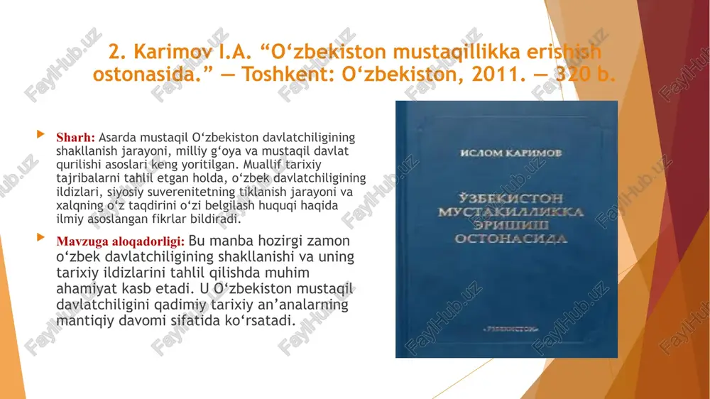 zim, boshqaruv organlari va milliy qadriyatlarning o‘zaro bog‘liqligi yoritilgan. mavzuga aloqadorligi: mazkur manba mavzuning dolzarbligini yoritishda muhim, chunki u davlatchilik tushunchasini tarixiy jarayonlar bilan bog‘lab, hozirgi davr bilan uzviy aloqada tahlil etadi. reja: davlatchilik tushunchasining mazmuni va mohiyati davlatchilikning paydo bo‘lishiga oid tarixiy nazariyalar qadimgi sharq va o‘rta osiyo hududlarida dastlabki davlatlarning shakllanishi davlat tuzilmasi va boshqaruv tizimining rivojlanish bosqichlari hozirgi zamon o‘zbekiston davlatchiligining asosiy tamoyillari va ahamiyati ko’riladigan masalalar rejasi: davlatchilik tushunchasining mazmuni va mohiyati davlatchilikning paydo bo‘lishiga oid tarixiy nazariyalar qadimgi sharq va o‘rta osiyo hududlarida dastlabki davlatlarning shakllanishi davlat tuzilmasi va boshqaruv tizimining rivojlanish bosqichlari mavzu yuzasidan umumiy xulosa mavzuga kirish. davlatchilik tushunchasining mazmuni va mohiyati mavzuga kirish davlatchilik tushunchasi insoniyat tarixidagi eng muhim ijtimoiy-siyosiy hodisalardan biri bo‘lib, u jamiyatning tashkiliy, boshqaruv va huquqiy tizimini ifodalaydi. davlatchilik deganda, avvalo, muayyan hudud, xalq va siyosiy hokimiyat birligiga ega bo‘lgan jamiyatni tashkil etish shakli tushuniladi. har bir xalq o‘z …