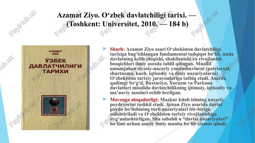 tizimlari. — (toshkent: o‘zbekiston, 2012. — 176 b) sharh: a. sagdullayev asari o‘zbekiston hududida ilk davlatlarning shakllanish bosqichlarini arxeologik, tarixiy va siyosiy manbalar asosida o‘rganadi. muallif qadimiy davlatlar — xorazm, baxtariya, so‘g‘d va kushonlar davrida boshqaruv tizimining shakllanishini, diniy e’tiqod va madaniy birlikning siyosiy tizimga ta’sirini tahlil qiladi. asarda diniy, harbiy va iqtisodiy omillar o‘zaro bog‘liq tarzda ko‘rsatilgan. mavzuga aloqadorligi: mazkur manba nazariyalarni o‘zbekiston tarixiy jarayoniga tatbiq etishda asosiy rol o‘ynaydi. ayniqsa, “zo‘ravonlik (kuch)” va “diniy” nazariyalar mohiyatini tasdiqlovchi tarixiy dalillar (harbiy tashkilot, diniy hokimiyat, qadimgi siyosiy marosimlar) aynan sagdullayev tadqiqotlarida o‘z ifodasini topgan. ko’riladigan masalalar rejasi: mavzuga kirish. davlat tushunchasi va uning jamiyatdagi o‘rni davlat paydo bo‘lishiga oid asosiy nazariyalar nazariyalar tahlili va ularning mohiyati o‘zbekiston hududida davlatchilik shakllanishining tarixiy xususiyatlari mavzu yuzasidan umumiy xulosa mavzuga kirish. davlat tushunchasi va uning jamiyatdagi o‘rni mavzuga kirish davlat insoniyat tarixida eng muhim ijtimoiy-siyosiy institutlardan biri hisoblanadi. u jamiyatni boshqarish, tartibga solish …