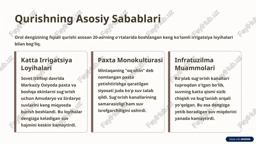 shimoliy orol loyihasi qozog'iston hukumati jahon banki ko'magida kichik orolni (shimoliy orol) saqlab qolish uchun ko'karal to'g'onini qurdi. bu loyiha shimoliy orol suv sathini sezilarli darajada ko'tardi. 4 2010-yillar: o'zbekistonning faollashuvi o'zbekiston hukumati orol dengizi tubida o'rmonzorlar barpo etish va suv resurslarini boshqarishni yaxshilash bo'yicha yirik dasturlarni ishga tushirdi. 6 ko'karal to'g'onining muvaffaqiyati ko'karal to'g'oni (shimoliy orolni katta oroldan ajratuvchi) orol dengizini qutqarish bo'yicha eng muvaffaqiyatli loyihalardan biri hisoblanadi. 12 suv sathi ko'tarilishi shimoliy orol suv sathi 12 metrgacha ko'tarildi, bu esa uning hajmini sezilarli darajada oshirdi. 870 baliq turlari suvning sho'rlanishi kamayishi tufayli baliq turlari qaytdi. baliq ovlash sanoati qisman tiklandi (tonna). 40 masofa qisqarishi dengiz qirg'og'i sobiq orol shahridan 40 km yaqinlashdi. 7 o'zbekistonda o'rmonzorlar barpo etish o'zbekiston hukumati orolqum cho'lida tuz va qum bo'ronlarining ta'sirini kamaytirish uchun ulkan o'rmonzorlar barpo etish dasturini amalga oshirmoqda. maxsus o'simliklar cho'l sharoitiga moslashgan, tuzga chidamli saksovul kabi o'simliklar ekilmoqda. keng ko'lamli …