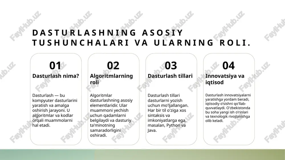 damlar to'plamidir. u har qanday dasturlash jarayonining asosini tashkil etadi va muhim rol o'ynaydi. algoritm yaratish algoritm yaratish jarayoni masalani aniqlash, yechim taklif qilish va qadamlarni tartibga solishdan iborat. bunda mantiqiy va matematik fikrlash zarur. optimallashtirish jarayoni algoritmni optimallashtirish, uning samaradorligini oshirish uchun resurslar va vaqtni minimal sarflashga yordam beradi. bu jarayon natijalarni tezlashtiradi va ish faoliyatini yaxshilaydi. dasturlashda testlash va sifat nazorati: muammolar va yechimlar. testlash jarayoni dasturlashda testlash jarayoni dasturiy ta'minotning sifatini oshirishga yordam beradi. bu jarayon xatolarni aniqlash va ularni bartaraf etish uchun muhim ahamiyatga ega. sifat nazorati sifat nazorati dasturiy ta'minot ishlab chiqish jarayonida muhimdir. bu, ishlab chiqarilgan mahsulotning talabga javob berishini ta'minlaydi va foydalanuvchilarni qoniqtiradi. muammolar testlash jarayonida muammolar, masalan, noto'g'ri natijalar yoki jarayonning sekinligi yuzaga kelishi mumkin. bunday holatlar dastur sifatini pasaytiradi va foydalanuvchilarni qoniqtirmaydi. yechimlar muammolarni hal qilish uchun avtomatlashtirilgan testlar va bir nechta test usullari qo'llanilishi mumkin. bu, jarayonni tezlashtiradi va dasturiy …