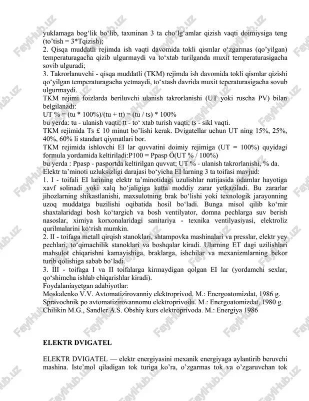 tor va elektr apparatlari 60 gs da ishlatilishi mumkin. 50 gs dan past chastotalar quyidagi hollarda ishlatiladi : 1) 0,5 - 1,5 gs - elektr pechlarida suyuq po‘latni elektromagnit usulida aralashtirish uchun; 2) 2 - 5 gs kontaktli payvandlash uchun bunda 3 fazali, 50 gs li o‘zgaruvchan tok maxsus payvandlash mashinalarida 1 fazali 2 - 5 gs li o‘zgaruvchan tokka aylantiriladi; 3) 10 - 40 gs - elektr dvigatellari tezligini rostlash uchun ; 50 gs dan yuqori chastota quyidagi hollarda ishlatiladi : 1) 175-220 gs chastotalar tezkor dvigatellar ishlatiladigan, kichik gabaritli elektr asboblari uchun; 2) sun’iy tola sanoatidagi sentifugalarning elektr yuritmasi uchun 100 - 200 gs; 3) 400 gs gacha chastota - tezligi 20000 ayl/min bo‘lgan dvigatelli yog‘ochini qayta ishlovchi stanoklarda ; 4) 500 - 1000 gs chastota - qaynoq shtampovkada va toblashda ishlatiladigan, metallarni induksion qizdirish qurilmalarida. yuqoridagi 4 ta holda elektr energiyasi 10000 gs gacha chastotada tarqatiladi. undan …