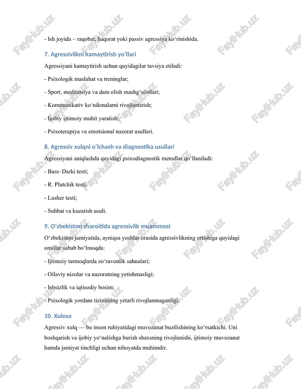 yo‘nalishga burish shaxsning rivojlanishi, ijtimoiy muvozanat hamda jamiyat tinchligi uchun nihoyatda muhimdir. foydalanilgan adabiyotlar 1. karimova, v.m. (2021). shaxs psixologiyasi: agressiv xulqning zamonaviy talqinlari. toshkent: fan va texnologiya nashriyoti. 2. rahmonov, b.j. (2022). ijtimoiy psixologiyada zo‘ravonlik va agressiya muammosi. toshkent: innovatsion universitet nashriyoti. 3. xolmatova, n.s. (2023). bolalar va o‘smirlar agressiv xulqining psixologik sabablari. samarqand: ma’naviyat. 4. g‘afurova, d. (2024). agressiyani oldini olishda psixologik treninglar samaradorligi. toshkent: milliy universitet matbaasi. /docprops/thumbnail.jpeg