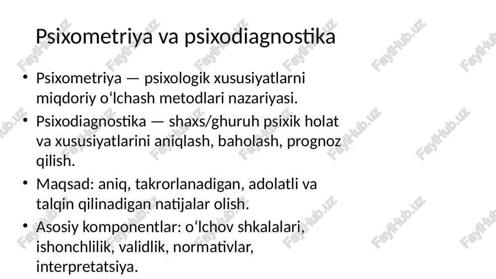 inimallashtirish. hisobot va interpretatsiya prinsiplari jadval va grafiklar: xom ball, standart ball, percentillar. normaga nisbatan talqin va kesish nuqtalari. cheklovlar: ishonchlilik/validlik dalillari, sem, namuna chegaralari. tavsiyalar: amaliy choralar, qayta baholash, monitoring. amaliy yo‘riqnoma va xulosa bosqichlar: maqsad → spetsifikatsiya → punkt yozish → pilot → tahlil → norm → qo‘llash. minimal tekshiruv: α, item r_pb, qiyinlik p, dif, standartlashtirish protokoli. natijalarni ehtiyotkor talqin: sem va ishonch oralig‘ini ko‘rsatish. xulosa: psixometriya — ishonchli va adolatli qarorlar uchun asos. /docprops/thumbnail.jpeg