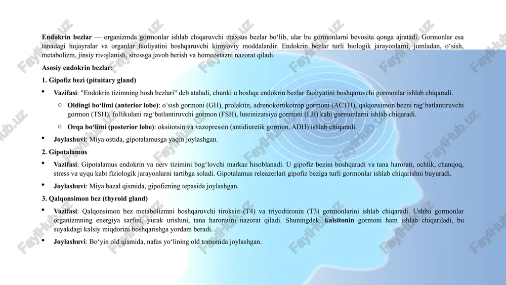 muvozanatini boshqaruvchi va ko‘plab fiziologik jarayonlarni tartibga soluvchi tuzilmalardir. ular tananing metabolizmini, stressga javobini, o‘sishini va jinsiy rivojlanishini ta’minlaydi. har bir endokrin bez tanaga kerakli gormonlarni ishlab chiqaradi va organizmning barcha tizimlarini optimal ishlashini ta’minlash uchun muhim rol o‘ynaydi. endokrin a'zolar — organizmda gormonlar ishlab chiqarish va sekretsiya qilish qobiliyatiga ega bo‘lgan tuzilmalardir. ular endokrin bezlar sifatida emas, balki boshqa funksiyalar bilan birga gormonlarni ishlab chiqaradi. bu a'zolar gormonlar orqali tanadagi fiziologik jarayonlarni, shu jumladan metabolizm, stressga javob, o‘sish va rivojlanish kabi jarayonlarni tartibga solishda ishtirok etadi. asosiy endokrin a'zolar: yurak: gormon: natriyuretik peptid (anp). vazifasi: qon bosimini pasaytirishga yordam beradi va natriy qayta so‘rilishini kamaytiradi. tasiri: yurak faoliyatini va qon aylanish tizimining muvozanatini boshqaradi. jigar: gormonlar: eritropoetin, angiotenzinogen. vazifalari: eritropoetin: qon hujayralarining ishlab chiqarilishini rag‘batlantiradi. angiotenzinogen: qon bosimini nazorat qilishda ishtirok etadi. tasiri: energiya metabolizmini va qon ko‘rsatkichlarini boshqaradi. böyraklar: gormonlar: eritropoetin, renin. vazifalari: eritropoetin: qon hujayralarini ishlab chiqarishni …