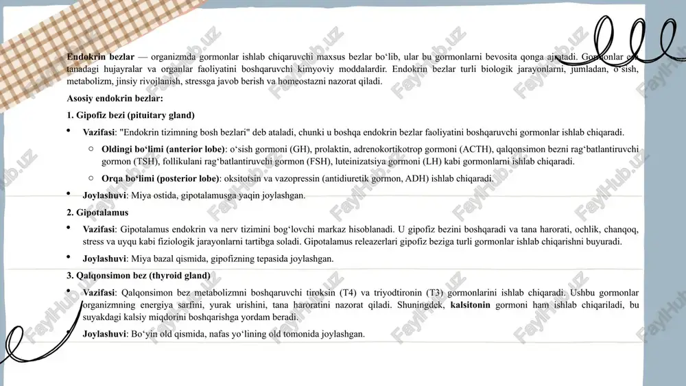 lar esa organizmning normal ishlashi uchun zarur bo‘lgan muhim vazifalarni bajaradi. endokrin bezlar organizmning gormonal muvozanatini boshqaruvchi va ko‘plab fiziologik jarayonlarni tartibga soluvchi tuzilmalardir. ular tananing metabolizmini, stressga javobini, o‘sishini va jinsiy rivojlanishini ta’minlaydi. har bir endokrin bez tanaga kerakli gormonlarni ishlab chiqaradi va organizmning barcha tizimlarini optimal ishlashini ta’minlash uchun muhim rol o‘ynaydi. endokrin a'zolar — organizmda gormonlar ishlab chiqarish va sekretsiya qilish qobiliyatiga ega bo‘lgan tuzilmalardir. ular endokrin bezlar sifatida emas, balki boshqa funksiyalar bilan birga gormonlarni ishlab chiqaradi. bu a'zolar gormonlar orqali tanadagi fiziologik jarayonlarni, shu jumladan metabolizm, stressga javob, o‘sish va rivojlanish kabi jarayonlarni tartibga solishda ishtirok etadi. ... t.me/slaydai_bot asosiy endokrin a'zolar: yurak: gormon: natriyuretik peptid (anp). vazifasi: qon bosimini pasaytirishga yordam beradi va natriy qayta so‘rilishini kamaytiradi. tasiri: yurak faoliyatini va qon aylanish tizimining muvozanatini boshqaradi. jigar: gormonlar: eritropoetin, angiotenzinogen. vazifalari: eritropoetin: qon hujayralarining ishlab chiqarilishini rag‘batlantiradi. angiotenzinogen: qon bosimini nazorat qilishda ishtirok etadi. …