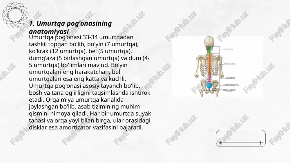 slaydai_bot 7. umurtqa pog'onasi va og'riq sindromlari 7-umurtqa pog'onasi inson tanasining pastki qismi, bel sohasida joylashgan. bu umurtqa qismi 5 ta umurtqadan iborat bo'lib, ularning her birining yuqori va pastki qismlarida tog'aylar mavjud bo'lib, ular yukni teng taqsimlashga yordam beradi. ushbu qismning asosiy vazifasi tana og'irligini qo'llab-quvvatlash va harakatlanishni ta'minlashdir. 7-umurtqa pog'onasi vaqti-vaqti bilan og'riq sindromlariga olib kelishi mumkin, chunki bu joy juda ko'p stress tushishi mumkin. statistik ma'lumotlarga ko'ra, bel og'rig'i yetuk yoshdagi aholining taxminan 60-80 foizida kamida bir marta kuzatiladi. bunday og'riqlar ko'pincha ortiqcha yuk yoki noto'g'ri holatda o'tirish natijasida kelib chiqadi. ... t.me/slaydai_bot umurtqa pog‘onasining jarohatlari odatda avtohalokatlar, yiqilishlar yoki sport jarohatlari natijasida yuzaga keladi. hozirgi statistikaga ko‘ra, har yili dunyoda 250,000 dan 500,000 gacha inson umurtqa pog‘onasidagi jarohatlar tufayli jiddiy muammolarga duchor bo‘ladi. o‘zbekiston respublikasi sog‘liqni saqlash vazirligining ma'lumotlariga ko‘ra, umurtqa pog‘onasining jarohat olishi ko‘pincha 15-45 yoshdagi erkaklar orasida uchraydi. jarohatlar umurtqa pog‘onasining turli qismlarida hosil …
