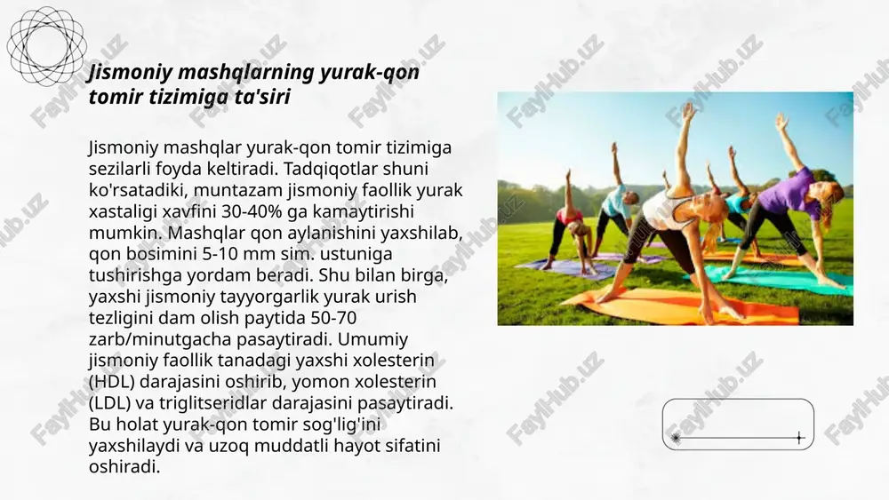 jismoniy mashqlar immun tizimini kuchaytirishda muhim rol o'ynaydi. tadqiqotlar shuni ko'rsatadiki, haftasiga kamida 150 daqiqa davomida mo''tadil aerobik mashqlar qilish immun hujayralarini faollashtirishi mumkin. shu bilan birga, kuchli mashqlar, masalan, haftasiga 75 daqiqa, shuningdek, immunitetni kuchaytirishga yordam beradi. jismoniy faollik stress darajasini pasaytiradi va yurak-qon tomir tizimini yaxshilaydi, bu esa immunitet tizimining samaradorligini oshirishga yordam beradi. mashqlar natijasida immun hujayralar, masalan, leykotsitlar, tezroq aylanib, mikroblarga qarshi samarali ishlaydi. shu sababli, muntazam jismoniy mashqlar sog'lom hayot tarzining muhim qismidir. ... t.me/slaydai_bot yurak-qon tomir kasalliklaridan himoyalanishda jismoniy faollikning roli jismoniy faollik yurak-qon tomir kasalliklaridan himoyalanishda muhim rol o'ynaydi. haftasiga kamida 150 daqiqa o'rtacha yoki 75 daqiqa yuqori intensivlikdagi jismoniy faoliyat yurakning salomatligini yaxshilaydi. har kuni 30 daqiqa yurish, yugurish yoki suzish kabi mashqlar qonni aylanishini yaxshilab, qon bosimini pasaytiradi. jismoniy faollik qonda yomon xolesterin (ldl) miqdorini kamaytirib, yaxshi xolesterin (hdl) miqdorini oshirishi mumkin. bundan tashqari, tana vaznini nazoratda ushlab turish yurakning qo'shimcha …