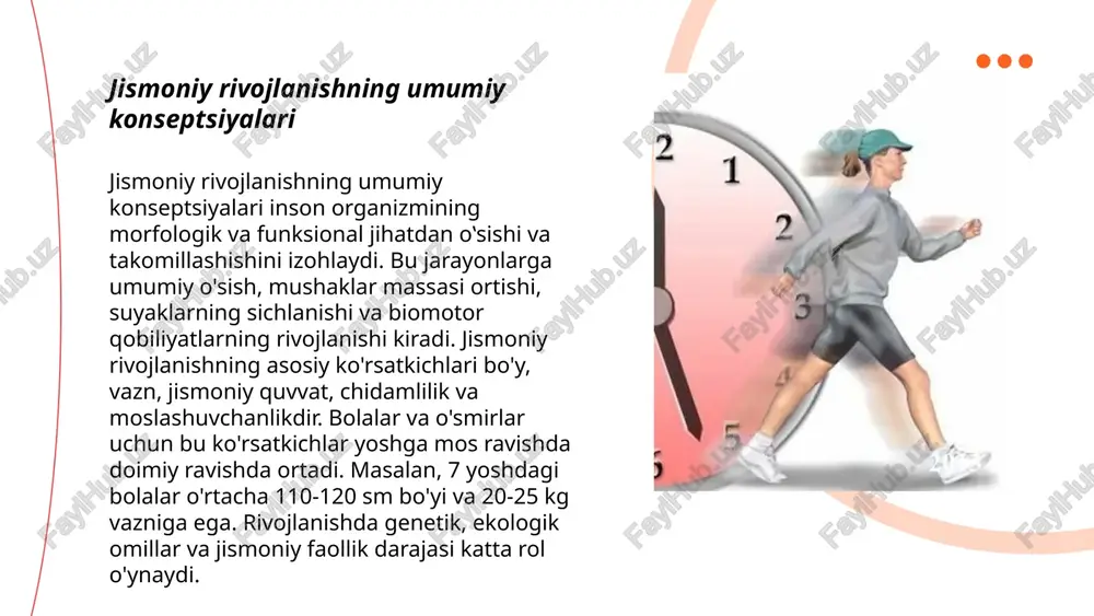 mlarni aniqlashda ishlatiladi, mikrometrlar esa nozik o'lchamlarni aniq belgilaydi. shtrixshkalar yuzalar tekisligini tekshiradi. laboratoriya jihozlari orasida analitik tarozilar, termometrlar va volumetrik kolbalar bor. analitik tarozilar og'irlikni milligramm darajasida o'lchashga imkon beradi. zamonaviy texnologiyalar, masalan, lazer o'lchagichlar, o'lchov jarayonlarini tezkor va aniq qiladi. optik mikroskoplar va elektron mikroskoplar mikroskopik tahlil uchun ishlatiladi. bu asboblar o'lchash jarayonlarini aniq va ishonchli qiladi, ilmiy va muhandislik sohasida katta ahamiyatga ega. ... t.me/slaydai_bot jismoniy rivojlanish dinamikasini kuzatish jismoniy rivojlanish dinamikasini kuzatish inson salomatligi va hayot sifati uchun muhimdir. yoshlik yillarida har yili bo‘y va vazn o‘sishi kuzatiladi; masalan, o‘g‘il bolalarda o‘rtacha 5 sm va qizlarda 4-5 sm bo‘y o‘sadi. 6-12 yosh oralig‘ida bolaning tana massasi har yili o‘rtacha 2-3 kg ga ortadi. jismoniy mashqlar va sport bu o‘sishni barqarorlashtirishga yordam beradi. yetuklik davrida esa mushak massasi taxminan 40% ga oshadi. yoshi ulg‘aygan sari bu ko‘rsatkichlar pasayadi, ko‘pincha 30 yoshdan keyin bo‘y o‘sishi to‘xtaydi. bu raqamlar …