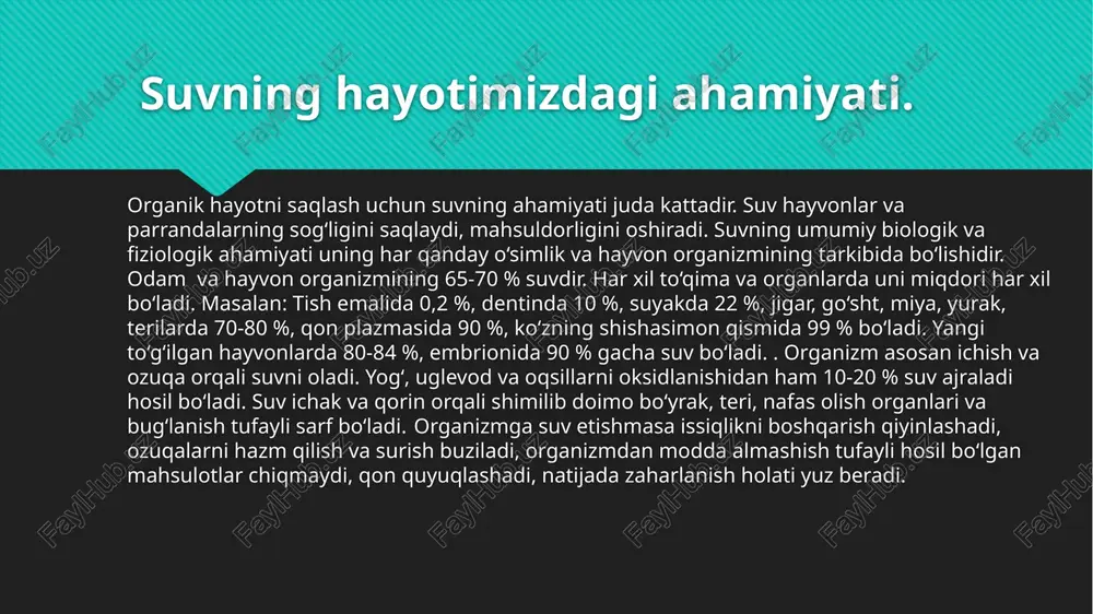 iniqligi suvni ichiga aralashgan organik va mineral moddalarga bog‘liq bo‘ladi. juda loyqa suvlarni hayvonlarga tindirmasdan berish kerak emas. chunki bunday suvlar ichak qorin kasalliklarini chaqiradi. suvning tiniqligi snellen shrifti bilan kamida 30 sm bo‘lishi kerak. suvning kimyoviy xususiyati. suvning kimyoviy xossalari - toza suvlarda doimiy kimyoviy moddalar bo‘ladi. agar suv ifloslansa uning tarkibidagi kimyoviy moddalarni miqdori o‘zgaradi. reaksiyasi - suv hayvonlardan chiqqan organik moddalar va chirish mahsulotlari bilan ifloslansa kislotali muhitda bo‘ladi ph 6,5-8,0 bo‘lsa bunday suv yaxshi hisoblanadi. quruq cho‘kma - toza suv bug‘lantirilsa cho‘kmasi ochiq ko‘k yoki oq rangda bo‘ladi. agar suv organik moddalar bilan ifloslansa yoki temir va marganets birikmalari tushsa chukma sariq – kung‘irdan to iflos kung‘ir ranggacha bo‘ladi. suvning quruq chukmasi 1000 mg/l dan oshmasligi kerak. qattiqligi - suvda ca va ma tuzlarini bo‘lishiga uni qattiqligi deyiladi. qattik suvda kir yomon yuviladi va sabzavotlar yomon pishadi. qozon devorlarida juda qattiq cho‘kmalar hosil qiladi. yaxshi suv …