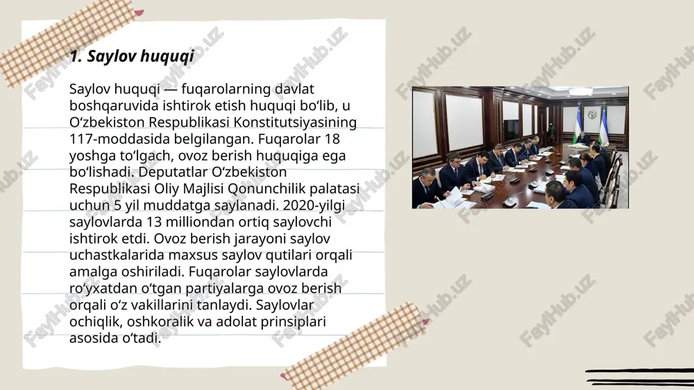i tashkil etgan. saylovda qatnashish orqali fuqarolar o'z nomzodlarini qo'llab-quvvatlash imkoniyatiga ega bo'ladilar. 2019 yildagi parlament saylovlarida ishtirok etish darajasi 87,7% bo'lgan. fuqarolar 18 yoshga to'lganida ovoz berish huquqiga ega bo'ladilar. ovoz berish markazlarida talab qilingan barcha sharoitlar taqdim etiladi va saylov jarayonlari ochiq hamda shaffof o'tkaziladi. ishtirok etish fuqarolik burchi sifatida qabul qilinadi. ... t.me/slaydai_bot 7. saylov uchastkalari 7. saylov uchastkalari uchun o‘zbekiston respublikasida saylovchilar va jarayon bilan bog‘liq quyidagi ma'lumotlar mavjud. o‘zbekistonda joriy tartibga ko‘ra, har bir saylov uchastkasi ozi 1000-3000 saylovchini qamrab oladi. 2023-yilgi saylovlarda jami 10 760 dan ortiq saylov uchastkalari tashkil etilgan. ushbu uchastkalarda ma’lum vaqtlarda avtomatlashtirilgan tizimlar yordamida ovoz berish tashkillashtiriladi. saylov komissiyalari har bir uchastkada faoliyat yuritadi va ular saylov jarayonini kuzatadi hamda tartibga soladi. ma’lumotlar xavfsizligi va saylovchilar maxfiyligi taminlanadi. ... t.me/slaydai_bot 8. saylov qutilari o‘zbekistonning prezidentlik yoki parlament saylovlari jarayonida ishlatiladigan muhim qismlardir. 2021-yilgi prezidentlik saylovida 10,760 ta saylov uchastkasi tashkil …