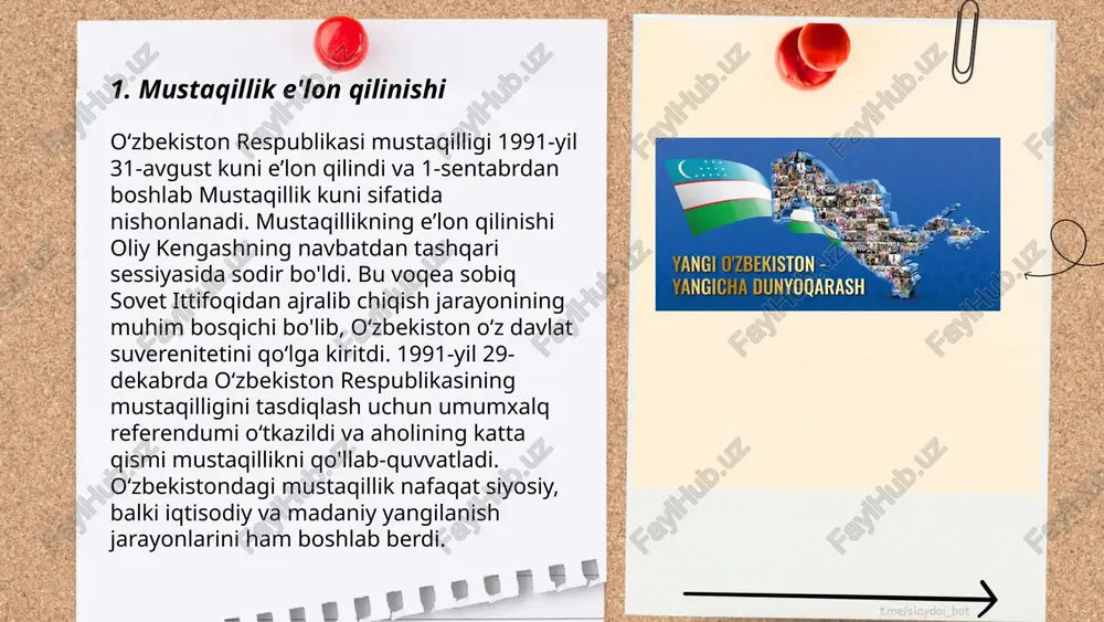 madaniyati 7 ming yillik tarixga ega bo‘lib, u ko‘p asrlik an’analar va turli elatlarning madaniyatini o‘z ichiga oladi. har yili o‘zbekistonda 300 dan ortiq madaniy tadbirlar va xalqaro festival, jumladan "sharq taronalari" va "navro‘z" bayramlari o'tkaziladi. 2021-yilda hukumat madaniyat va san’atni rivojlantirish uchun 500 milliard so‘m ajratgan. shuningdek, yangi muzeylar, teatrlar va san’at o‘choqlarini qurish rejalari ham mavjud. bu jarayonlarda yoshlarni jalb qilish va ularga chuqur bilim berish orqali madaniyatni kelajak avlodga yetkazish maqsad qilingan. ... t.me/slaydai_bot 7. tashqi siyosat va diplomatiya tashqi siyosat va diplomatiya davlatning xalqaro maydonda milliy manfaatlarini himoya qilish va ilgari surish jarayonidir. o‘zbekiston tashqi siyosatda neytral yondashuvni saqlab, qo‘shni davlatlar bilan do‘stona aloqalarni rivojlantiradi. 2021 yilda o‘zbekiston 60 dan ortiq xalqaro bitimlar imzolagan, 30 dan ziyod davlatda elchixonalari mavjud. o‘zbekiston mdh, bmt, oic kabi tashkilotlarning faol a'zosidir. tashqi savdo hajmi 2021 yilda 36 milliard aqsh dollariga yetdi. diplomatiya orqali o‘zbekiston 100 dan ortiq davlat bilan …