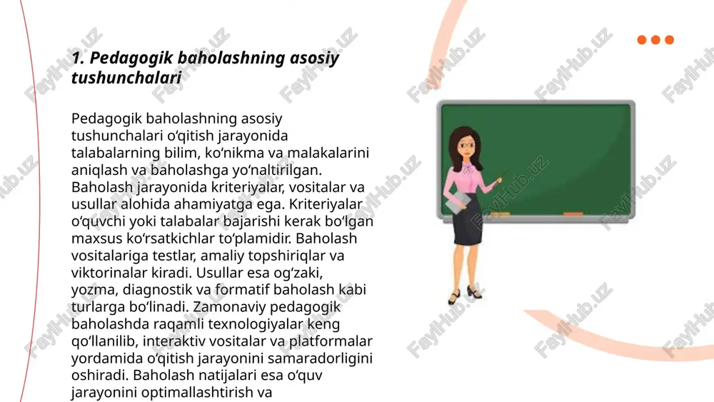ashadi, bu esa o'quv muhitini interaktiv qiladi. ... t.me/slaydai_bot 6. test savollarini tuzish va baholashda savollarning aniqligi va dolzarbligi muhim ahamiyatga ega. savollar 3-5 turdagi bilim darajalariga mo'ljallangan bo'lishi kerak. savollarni baholashda 0 dan 100 gacha ball tizimi qo'llanilishi mumkin. har bir savolning og'irlik darajasi aniqlanishi kerak, masalan, oson savollar 20-40 ball, o'rta darajadagi savollar 40-60 ball, qiyin savollar esa 60-80 ball berilishi mumkin. testning ishonchliligini ta'minlash uchun yuqoridagi kriteriyalarga qat'iy rioya etish va natijalarni tizimli ravishda tahlil qilish lozim. ... t.me/slaydai_bot 7. amaliy topshiriqlarni baholash kriteriyalari amaliy topshiriqlarni baholash kriteriyalari talabalardan amaliy ko'nikmalarni o'zlashtirish darajasini aniqlashda muhim rol o'ynaydi. baholashda bir nechta asosiy mezonlar mavjud. birinchi mezon – topshiriqni to'g'ri bajarish, bunda aniqlik va to'liq javoblar muhim. ikkinchi mezon – ijodiy yondashuv va muammoni hal etish qobiliyati. uchinchisi – vaqtida topshirish, bu talabani vaqtni boshqarish qobiliyatidan baholaydi. to'rtinchisi – mustaqil ishlash darajasi, ya'ni talabaning mustaqil ravishda yechim topa olish …