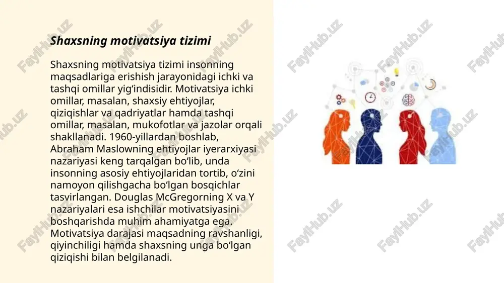 yatlari. tadqiqotlar shuni ko'rsatadiki, 25-45 yosh oralig'ida odamlar stressga ko'proq duch kelishadi. stressni boshqarish uchun relaksatsion texnikalar va stressni kamaytiruvchi mashg'ulotlar samarali bo'lishi mumkin. stress darajasi yuqori bo'lgan shaxslar depressiyaga moyilroq bo'lishi, ularning immun tizimi zaiflashishi va jismoniy salomatliklari yomonlashishi mumkin. 2018-yilgi statistik ma'lumotlarga ko'ra, o'zbekistonda ish bilan bandlarning deyarli 70 foizi stressli muhitda ishlaydi. ... t.me/slaydai_bot shaxslararo inqirozlar va ularni boshqarish shaxslararo inqirozlar ko'pincha notog'ri muloqot, tushunmovchilik yoki qarama-qarshi manfaatlar tufayli yuzaga keladi. bu inqirozlarni boshqarish uchun asosiy usullar orasida samarali kommunikatsiya texnikalari, aktiv tinglash va nima qilinganini tushunish kiradi. masalan, "thomas-kilmann" modeli xar xil muammolarni hal qilish usullarini o'rganadi: raqobatdan qochish, murosaga kelish, hamkorlik, moslashish va muqarrar raqobat. har bir usulning qo'llanishi vaziyatning murakkabligiga bog'liq. statistik ma'lumotlarga ko'ra, tashkilotlarda shaxslararo inqirozlarni samarali boshqarish darajasi 20% dan 50% gacha ortadi, agar rahbarlar tanqidi fikrlash va o'qitilgan mediatorlarni qo'llasa. ... t.me/slaydai_bot hissiy intelligensiya, yoki emosional intellekt, insonning o‘z his-tuyg‘ularini va …